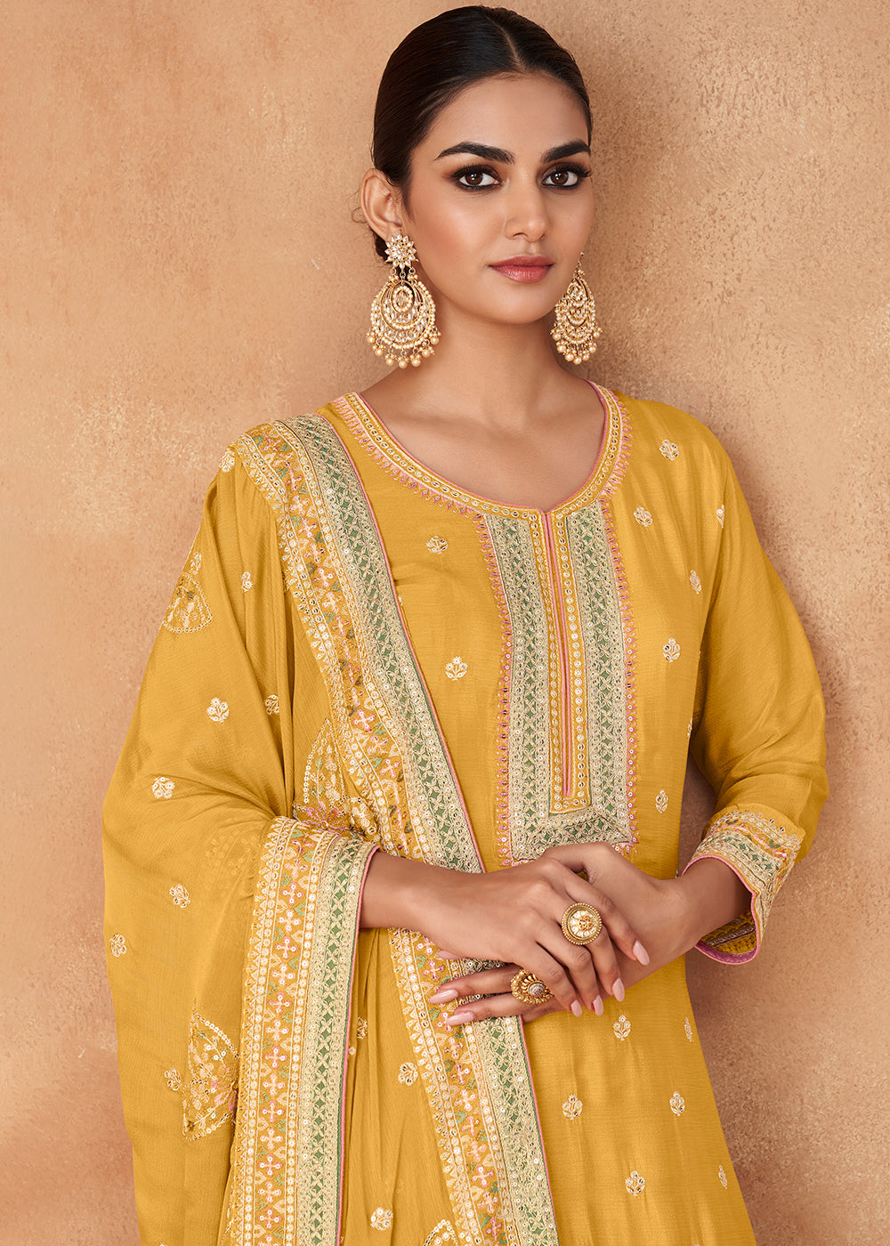 Saffron Yellow Embroidered Georgette Plazzo Suit