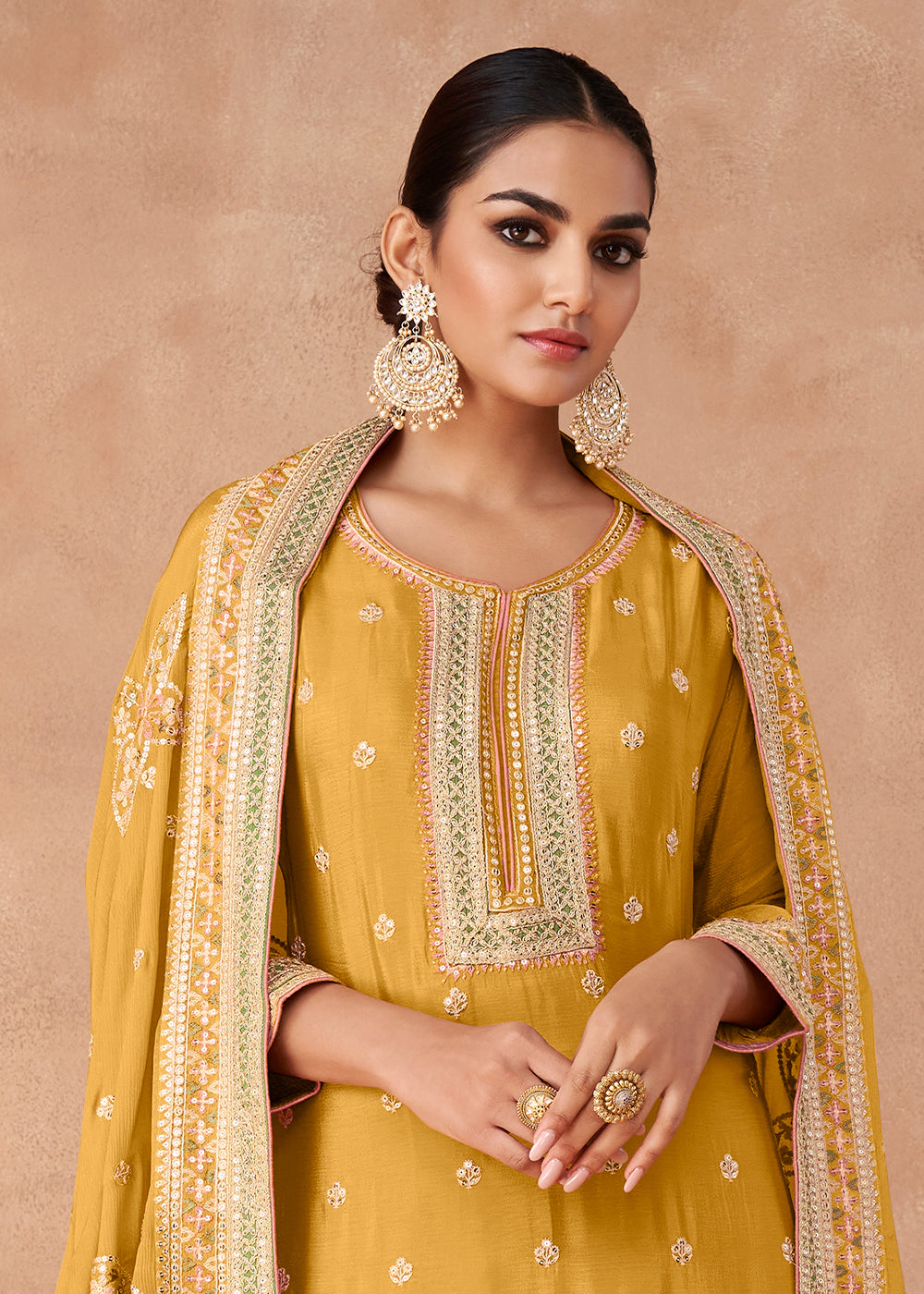 Saffron Yellow Embroidered Georgette Plazzo Suit