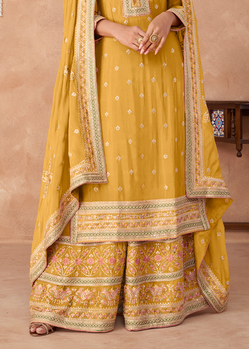 Saffron Yellow Embroidered Georgette Plazzo Suit