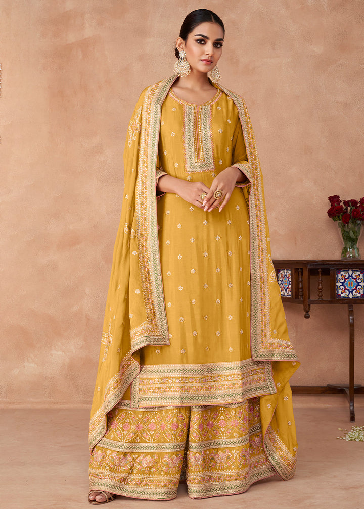 Saffron Yellow Embroidered Georgette Plazzo Suit