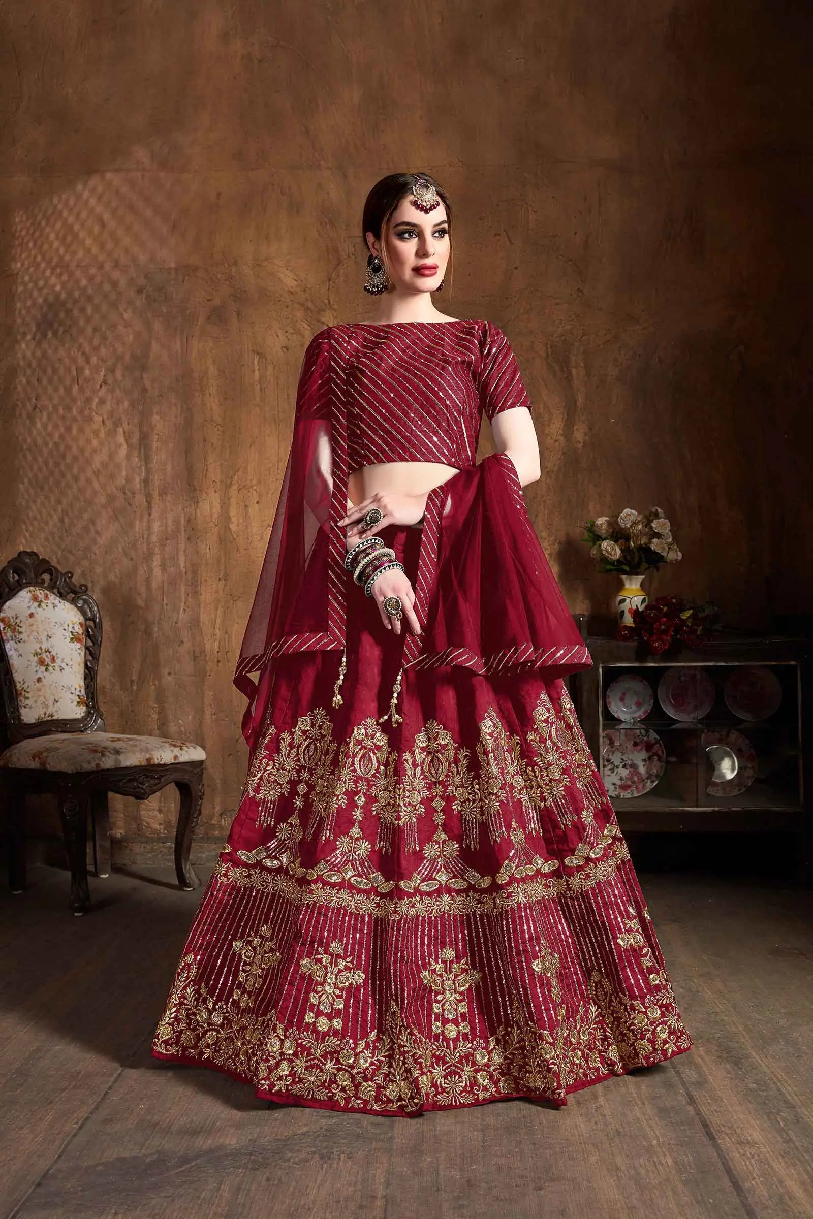 Brownish Red Silk Lehenga With Zari And Sequins Embroidery And Diamond Work | Ready To Wear - qivii