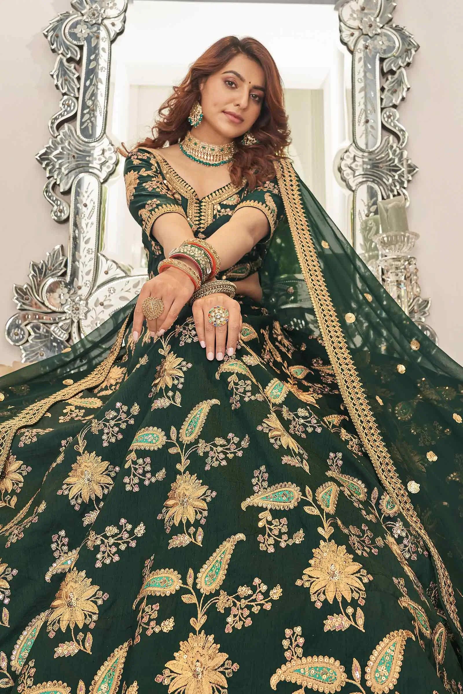 Green Art Silk Lehenga With Thread Zari Dori And Sequins Embroidery Work | Ready To Wear - qivii