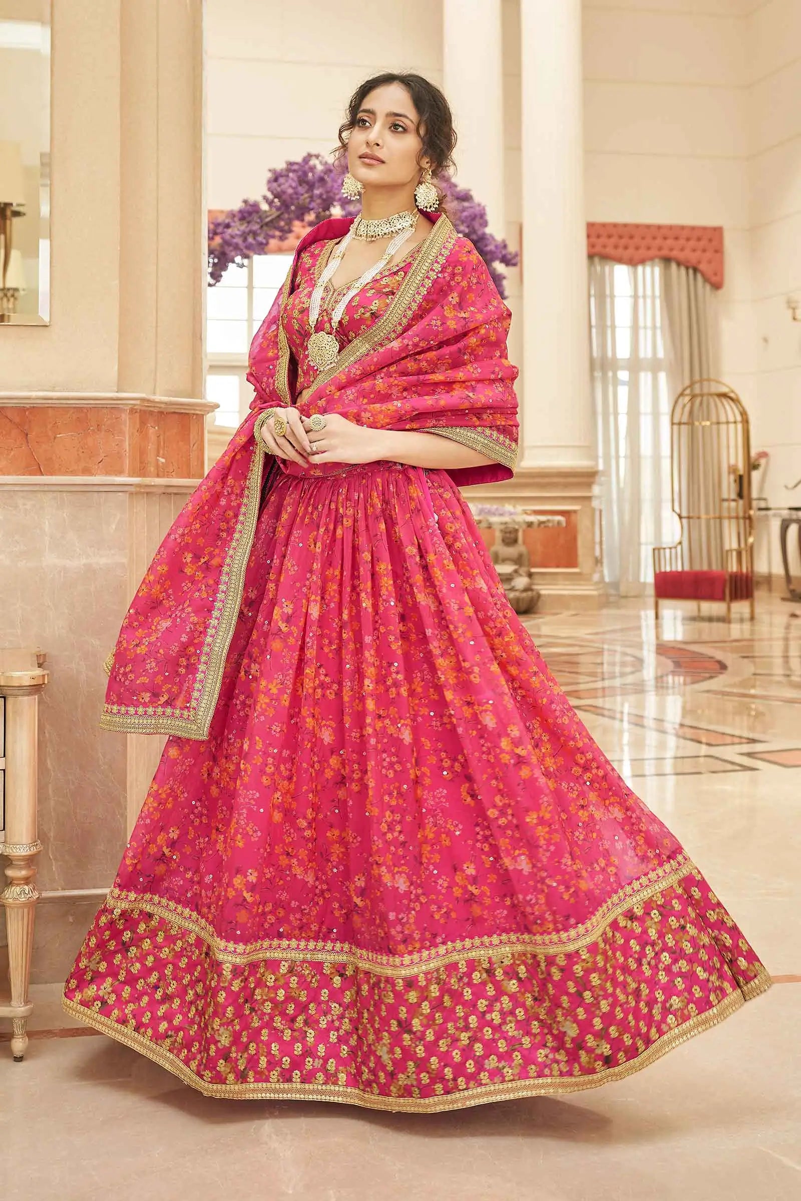 Pink Organza Floral Print Lehenga With Thread Zari Dori And Sequins Embroidery Work | Ready To Wear - qivii