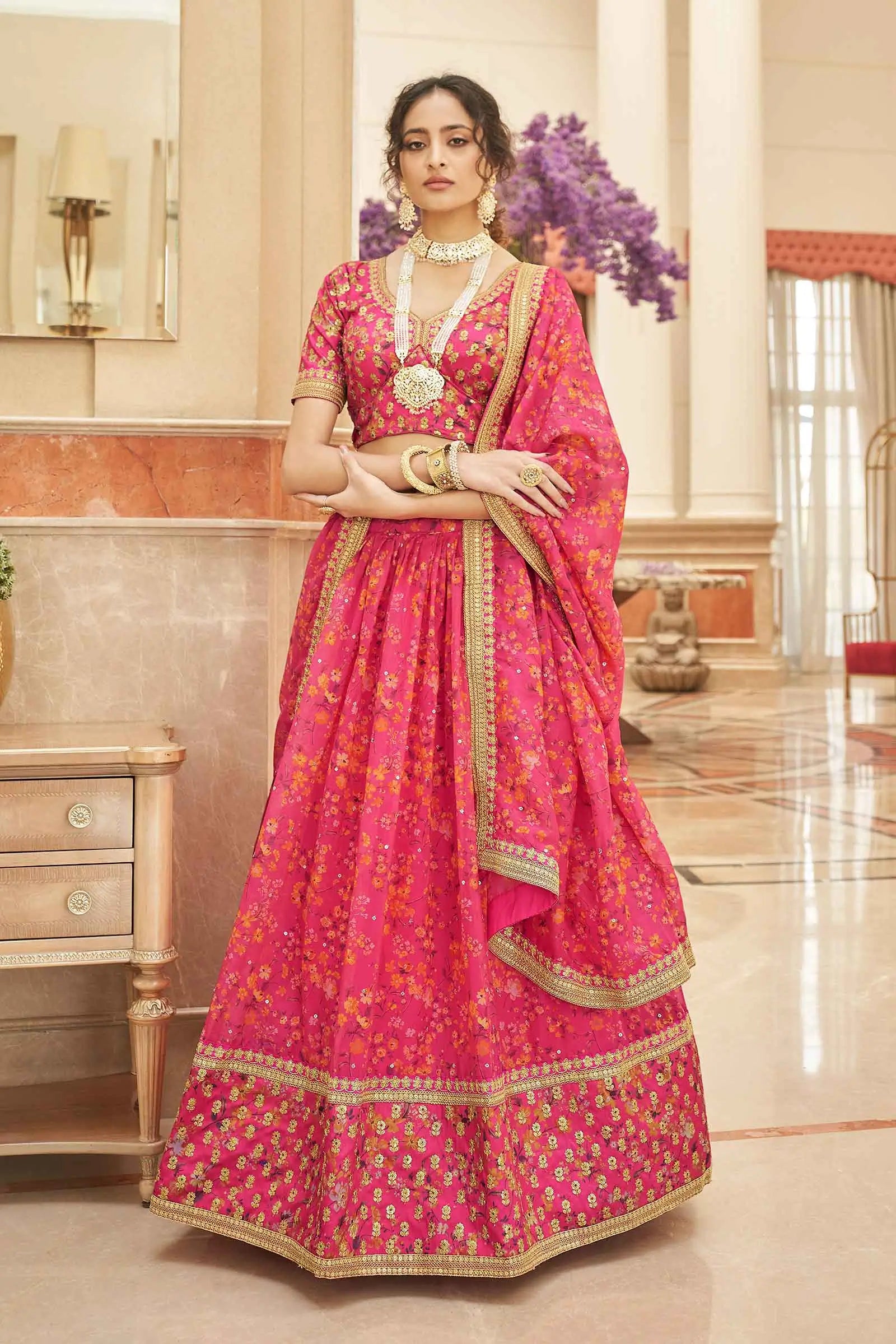 Pink Organza Floral Print Lehenga With Thread Zari Dori And Sequins Embroidery Work | Ready To Wear - qivii