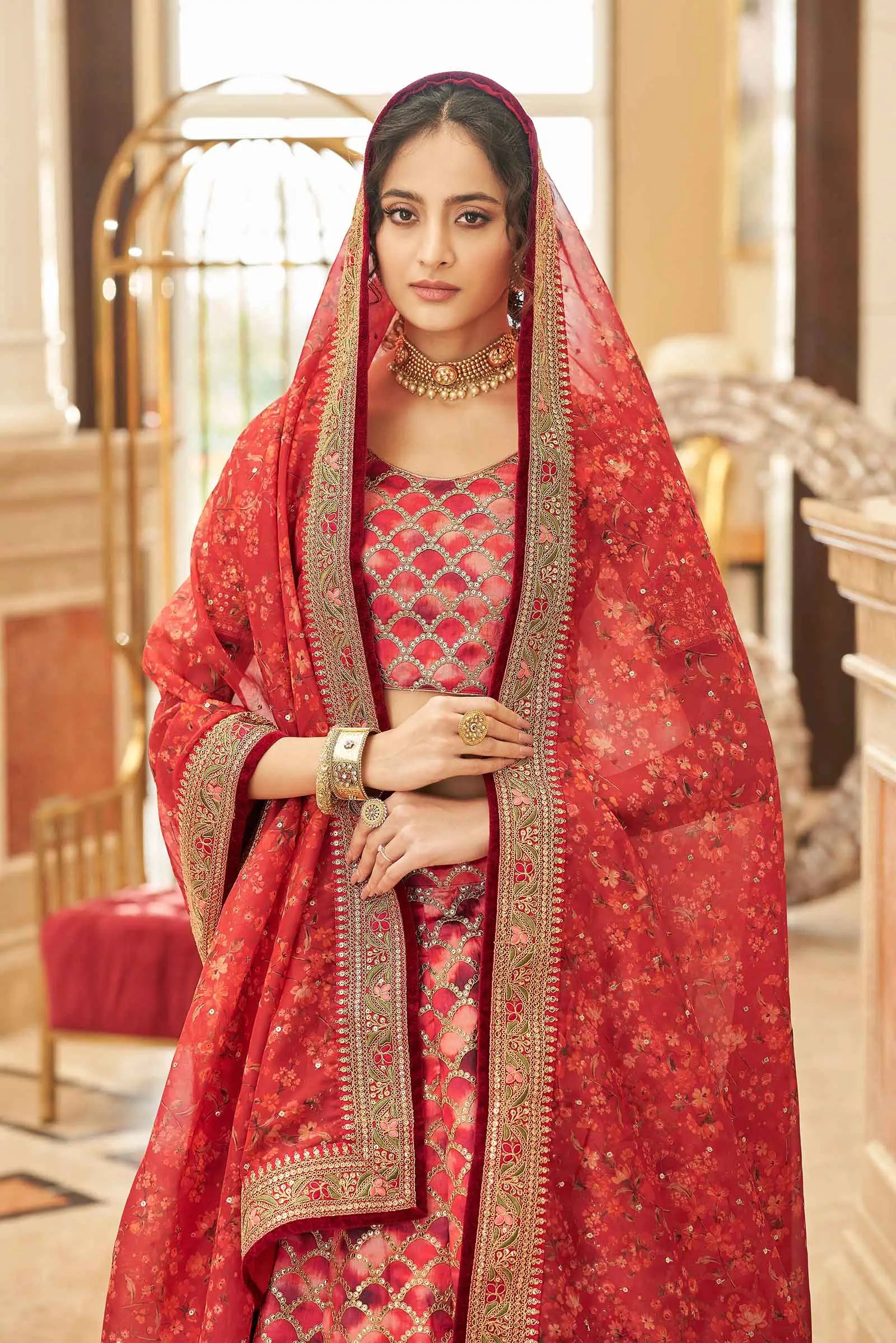Red Brown Lehenga With Thread Zari Dori And Sequins Embroidery Work With Dupatta | Ready To Wear - qivii