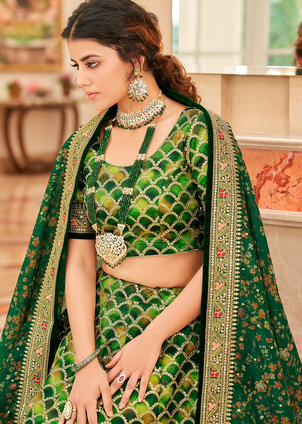 Shades Of Green Art Silk Lehenga Choli with Thread, Zari,Dori & Sequins work | Ready To Wear - qivii