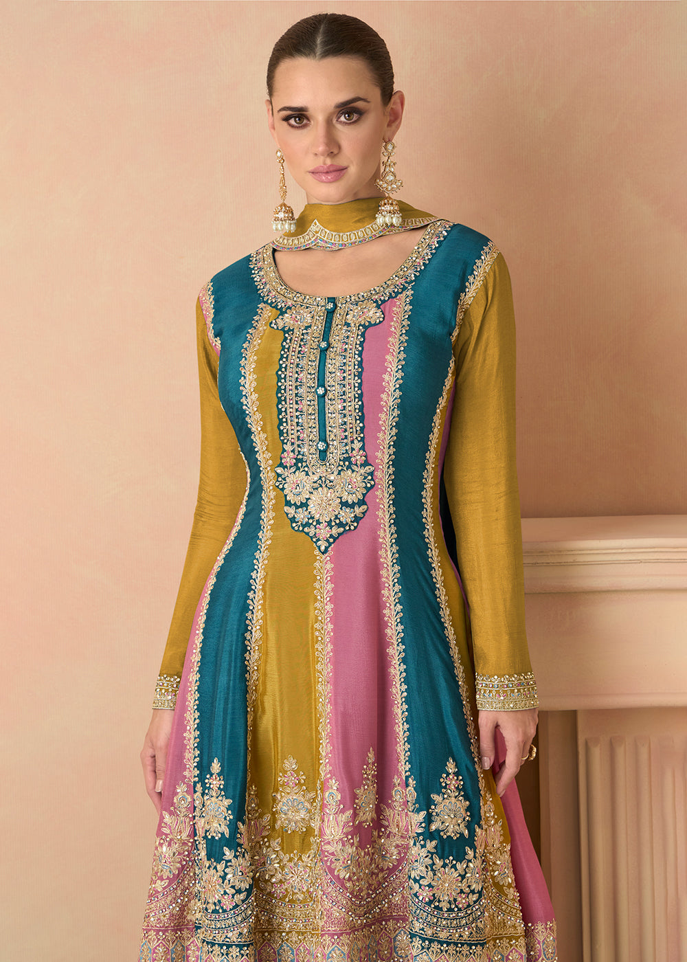 Mustard Yellow Embroidered Chinon Plazzo Suit By Qivii