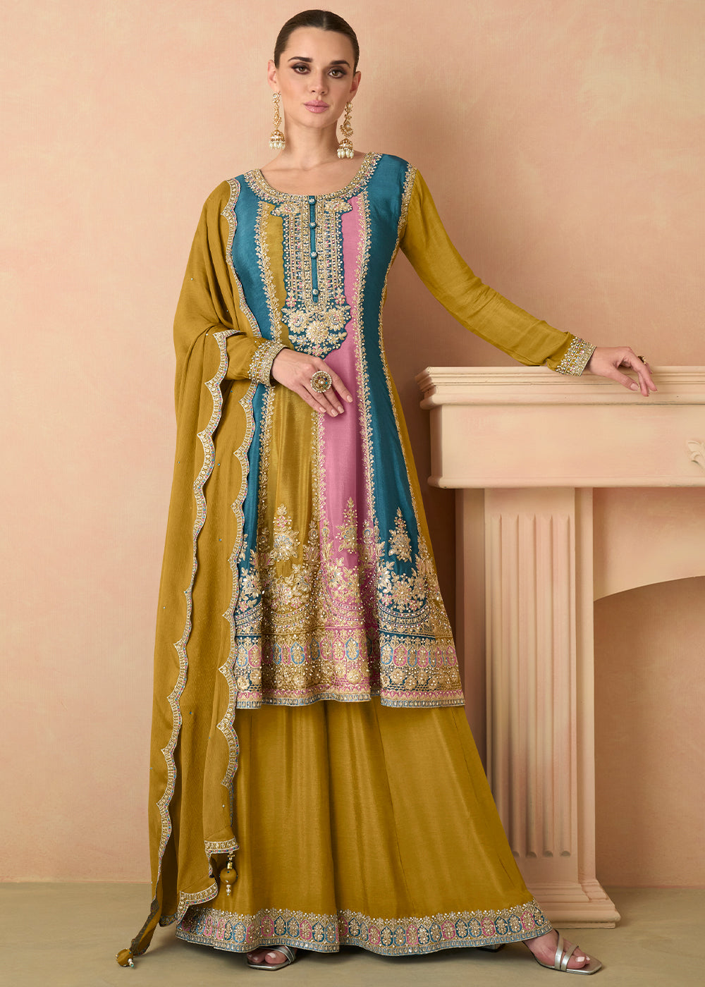 Mustard Yellow Embroidered Chinon Plazzo Suit By Qivii