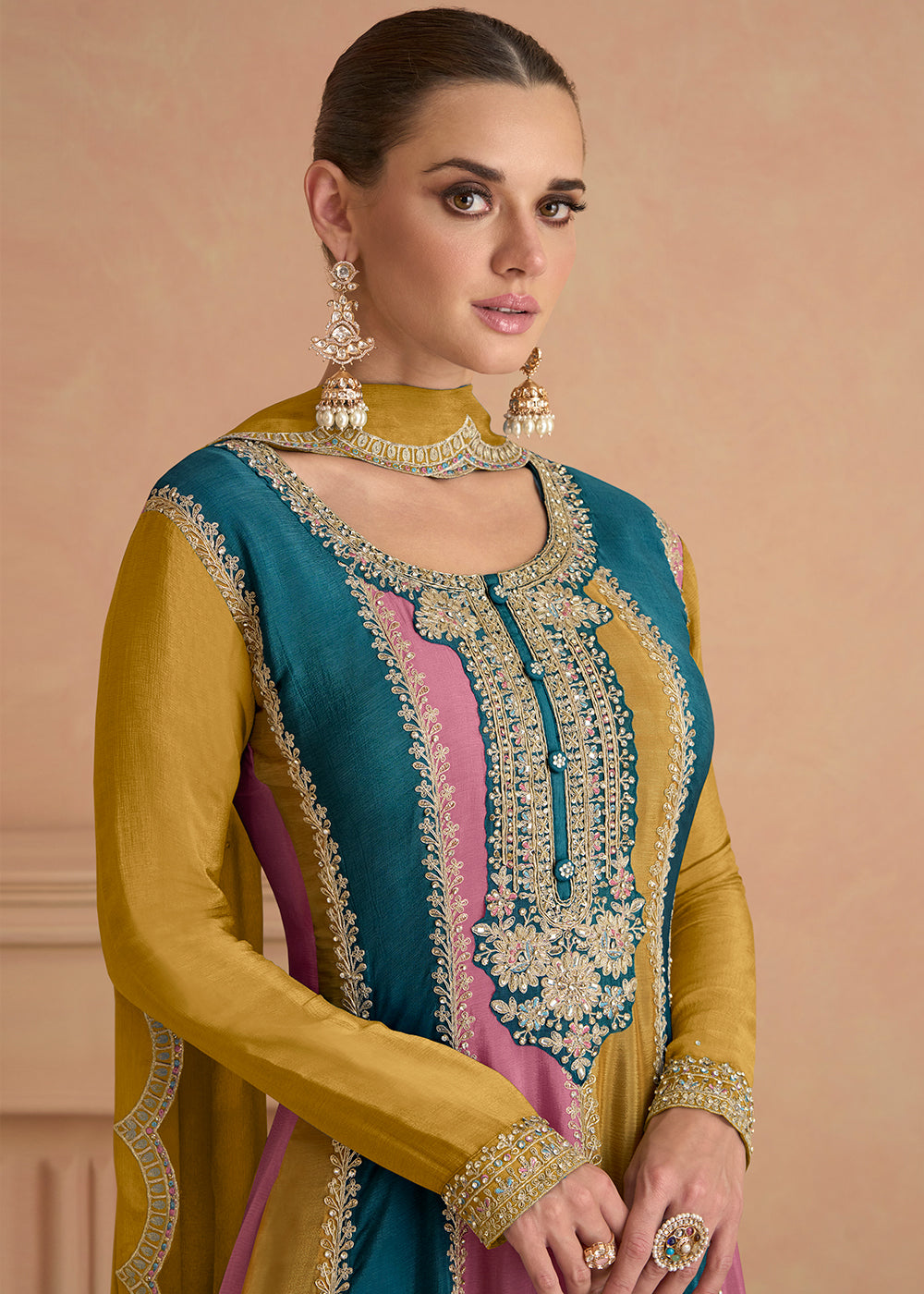 Mustard Yellow Embroidered Chinon Plazzo Suit By Qivii