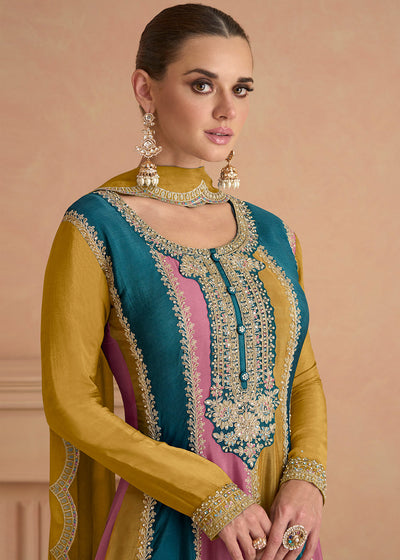 Mustard Yellow Embroidered Chinon Plazzo Suit By Qivii
