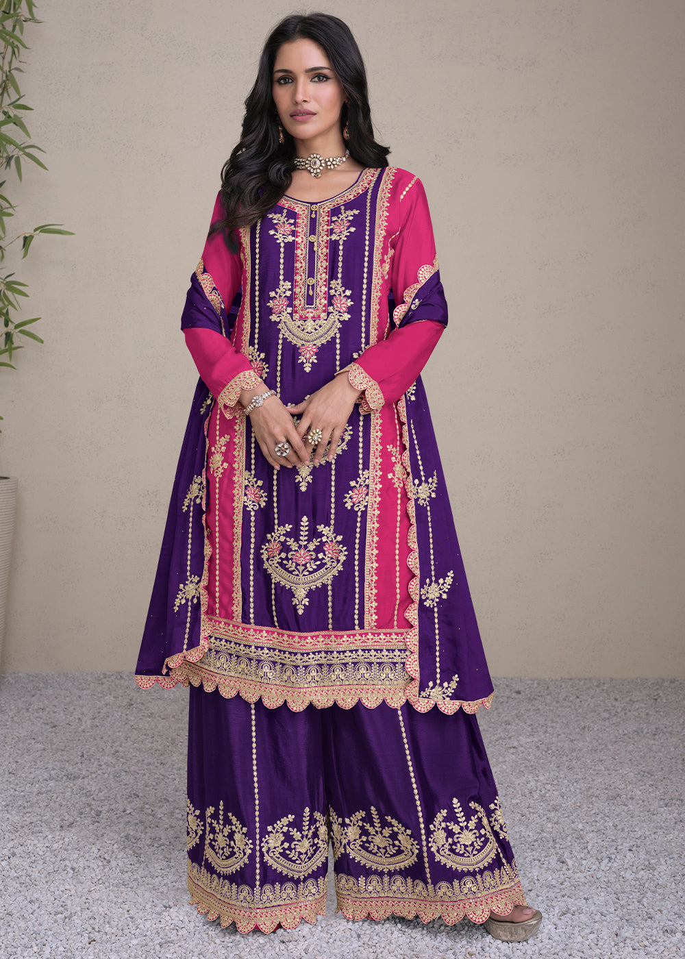 Grape Purple Embroidered Chinon Silk Plazzo Suit - qivii