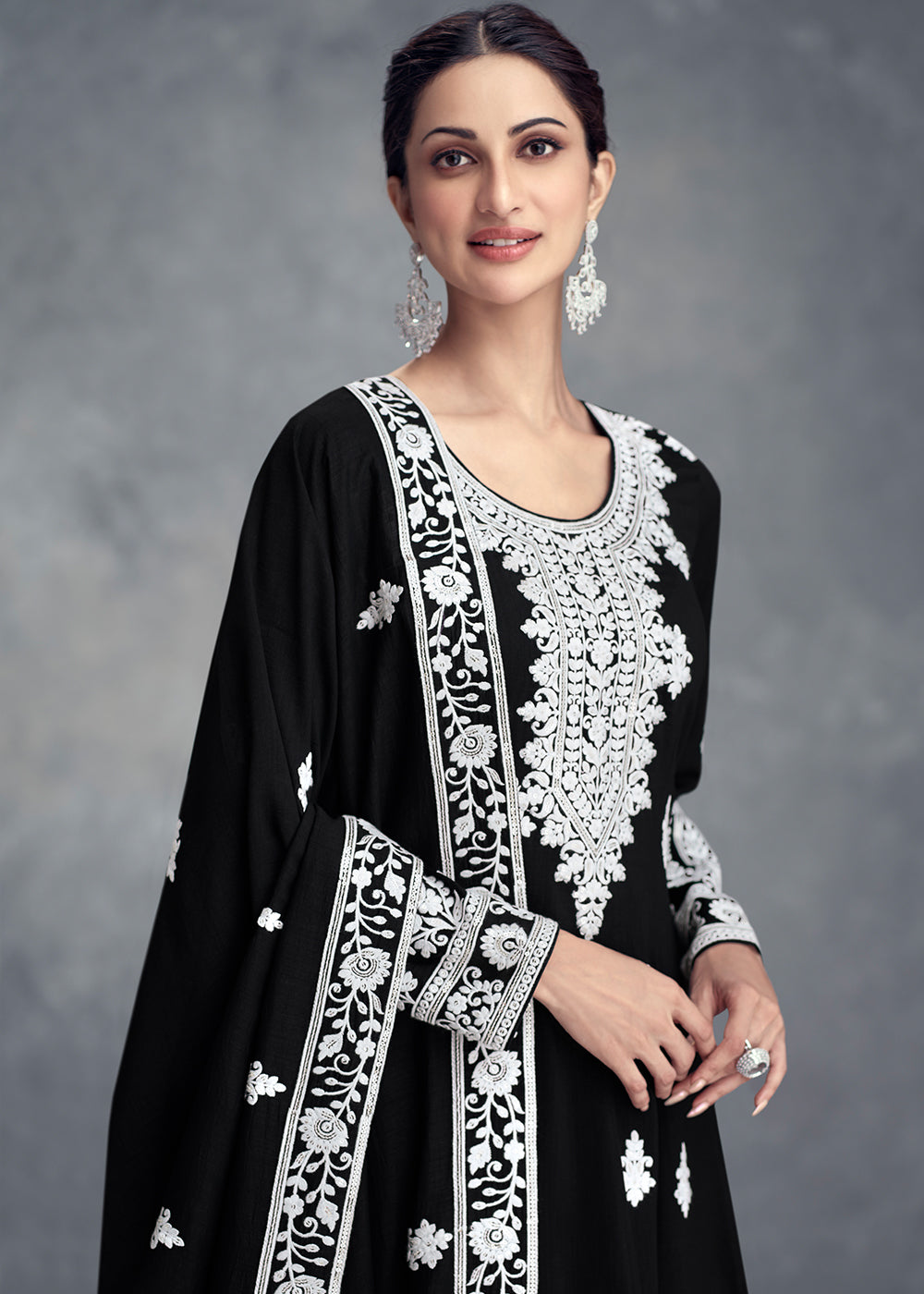 Jade Black Floral Embroidery Chinon Plazzo Suit - qivii