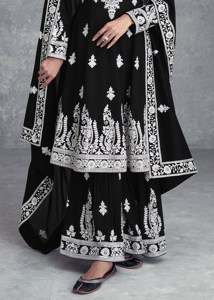 Jade Black Floral Embroidery Chinon Plazzo Suit