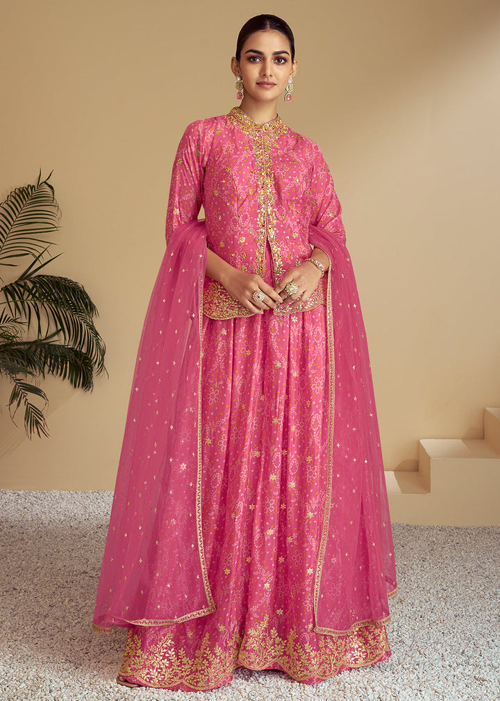 Brilliant Rose Pink Bandhani Printed Chinon Silk Plazzo Suit with Embroidery work