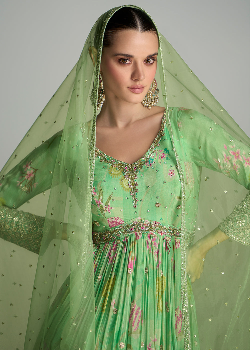 Pastel Green Digital Floral Printed Chinon Anarkali Suit with Embroidery work