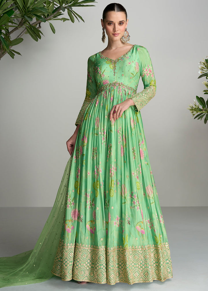 Pastel Green Digital Floral Printed Chinon Anarkali Suit with Embroidery work