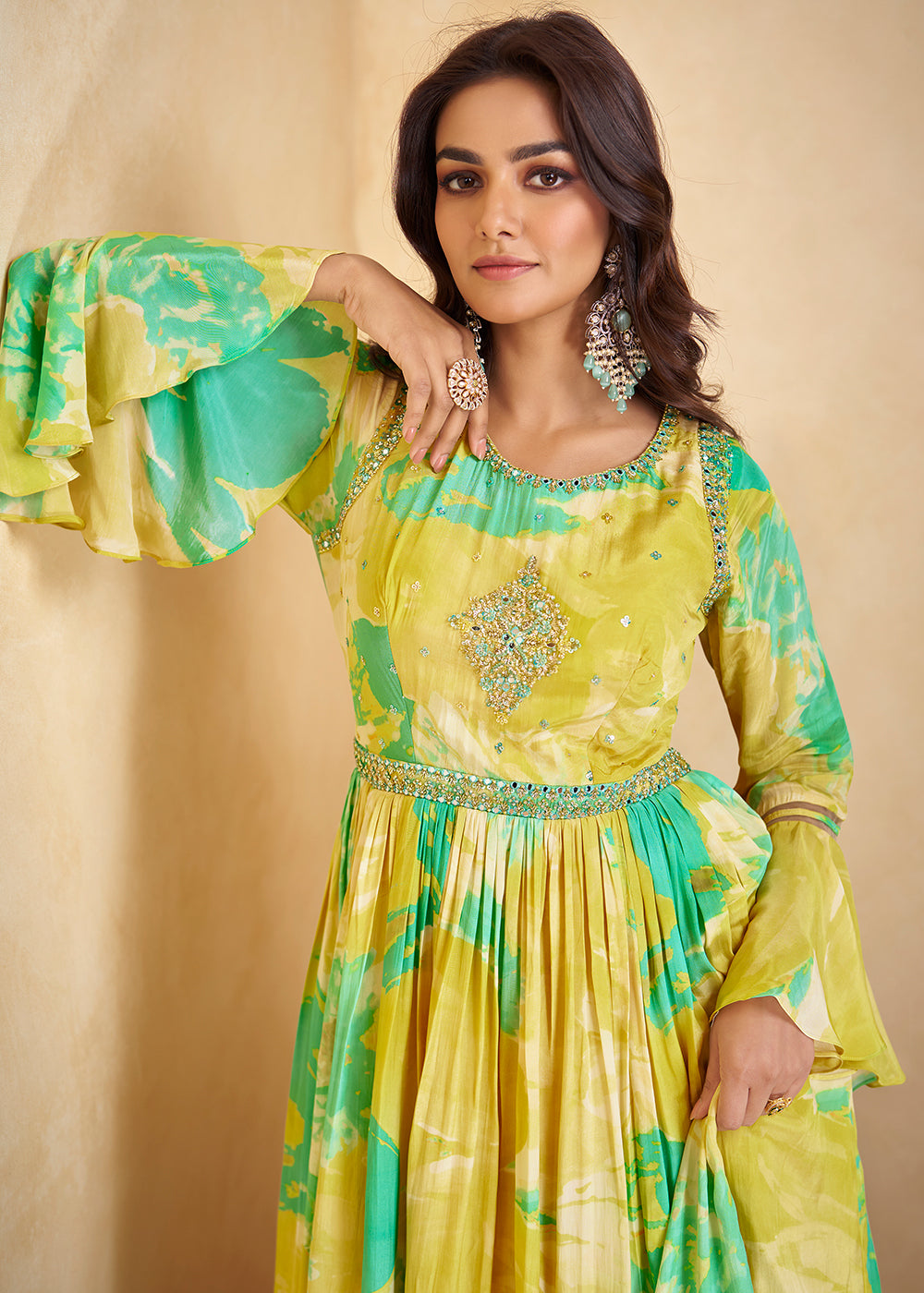 Lemon Yellow Digital Floral Printed Chinon Anarkali Suit with Embroidery work