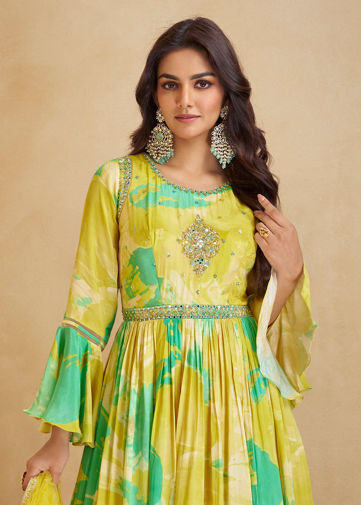 Lemon Yellow Digital Floral Printed Chinon Anarkali Suit with Embroidery work