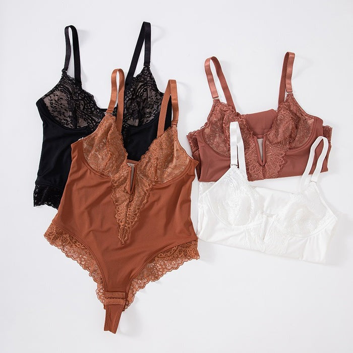 Sexy Lace Deep-V Neck Bodysuits  - By Qivii