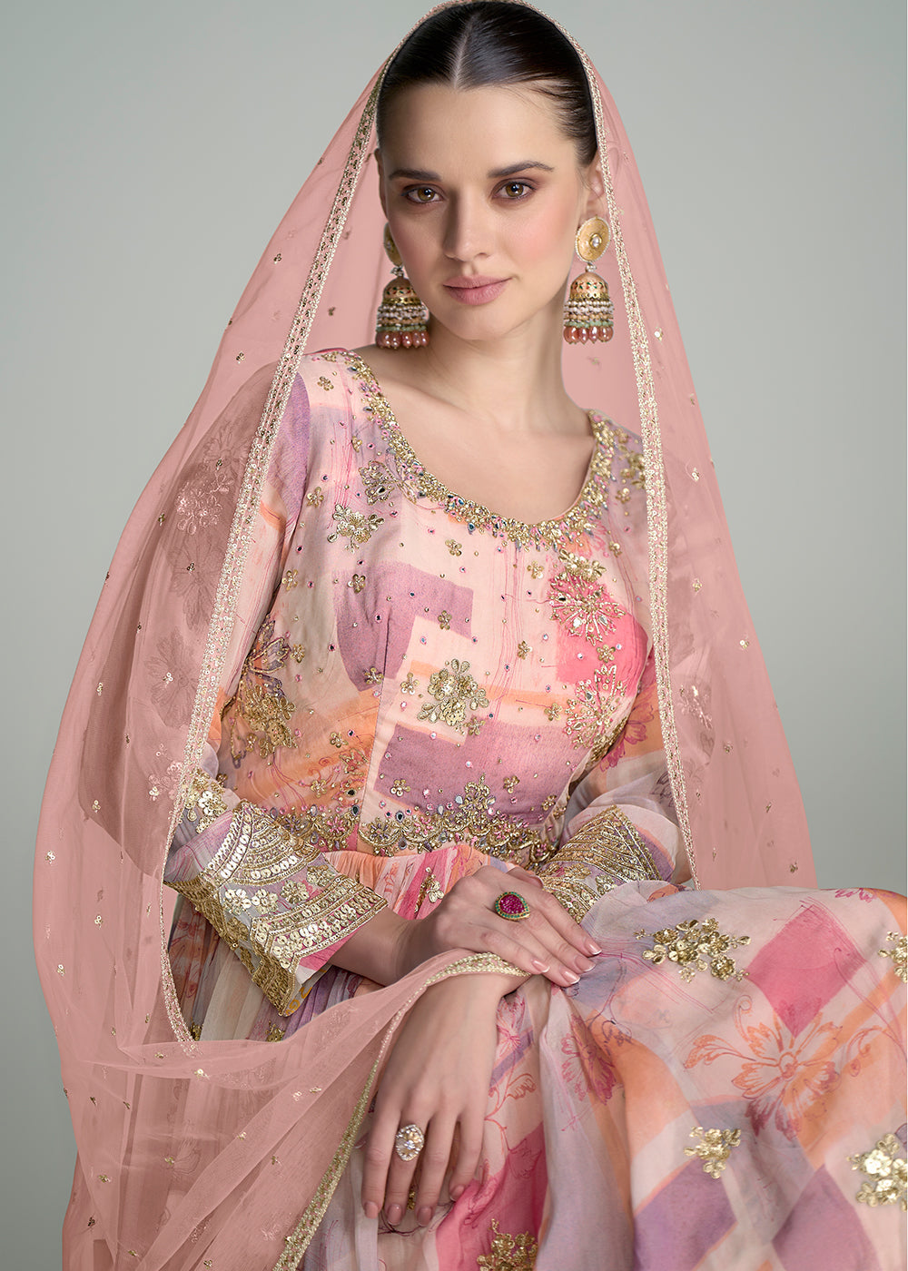 Shades Of Pink Digital Floral Printed Chinon Anarkali Suit with Embroidery work