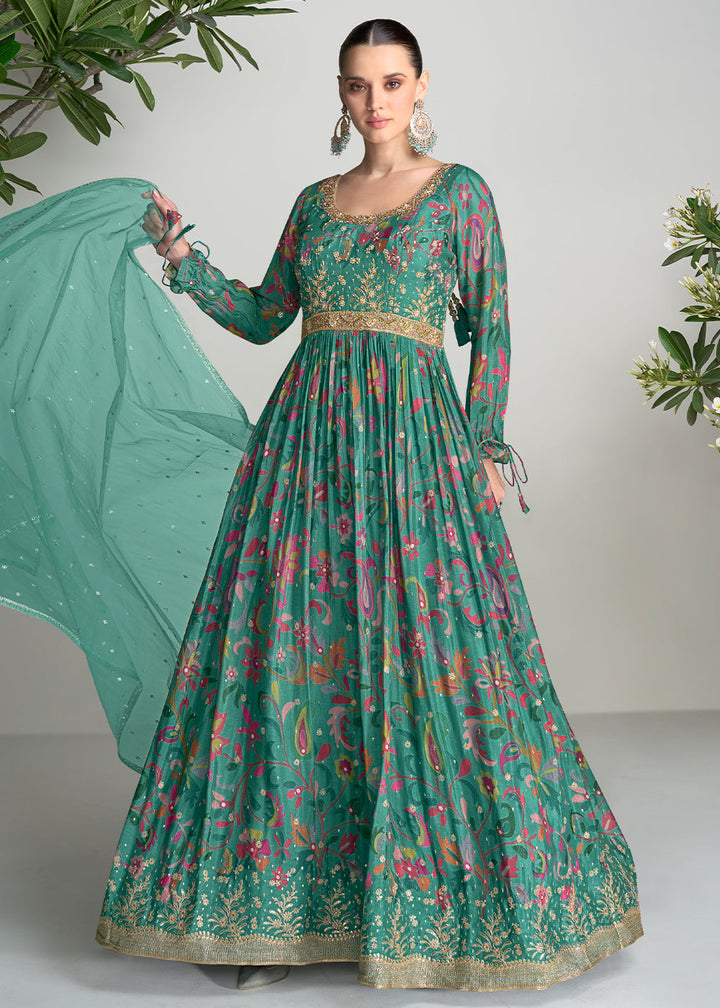 Sea Green Digital Floral Printed Chinon Anarkali Suit with Embroidery work