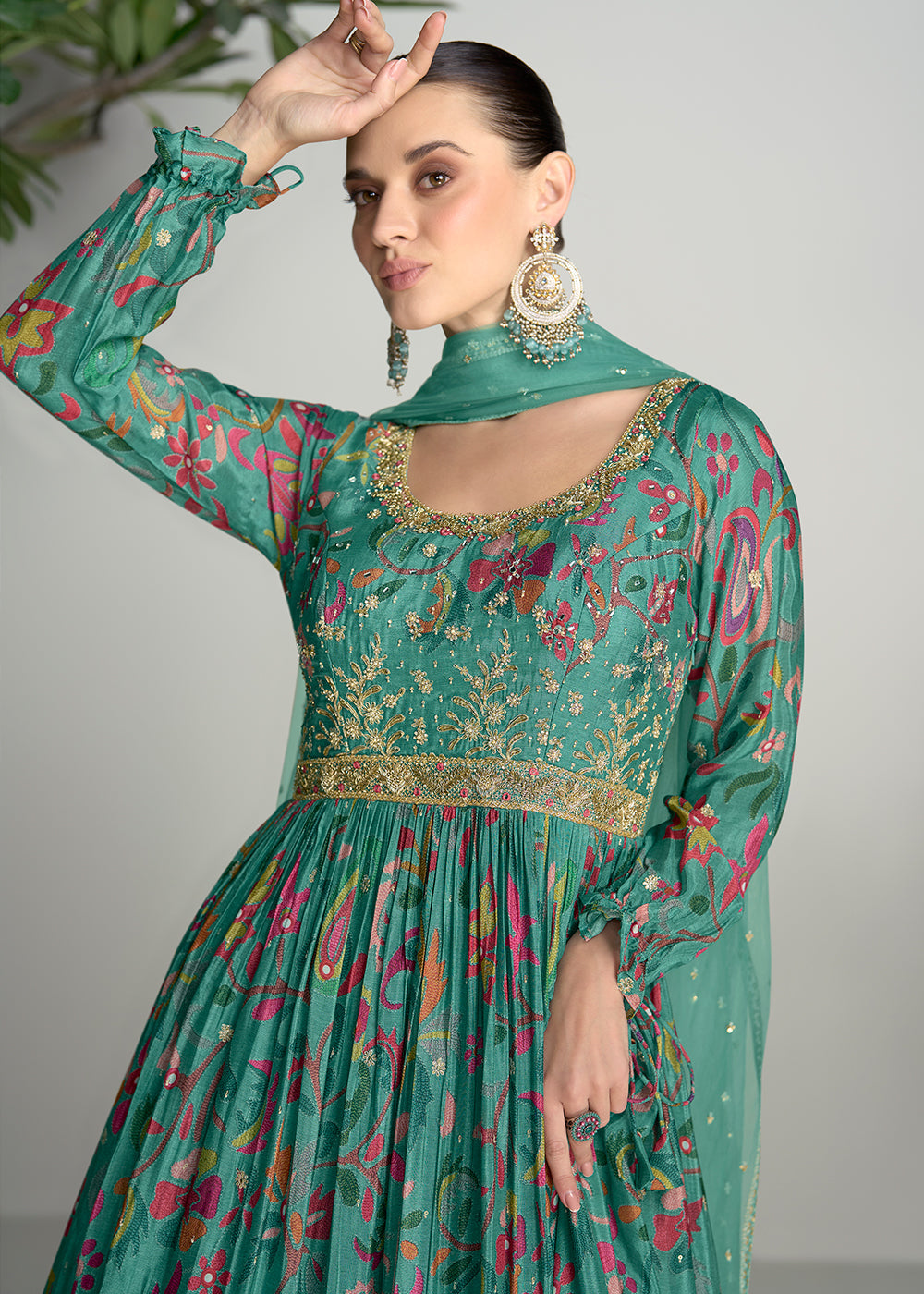 Sea Green Digital Floral Printed Chinon Anarkali Suit with Embroidery work