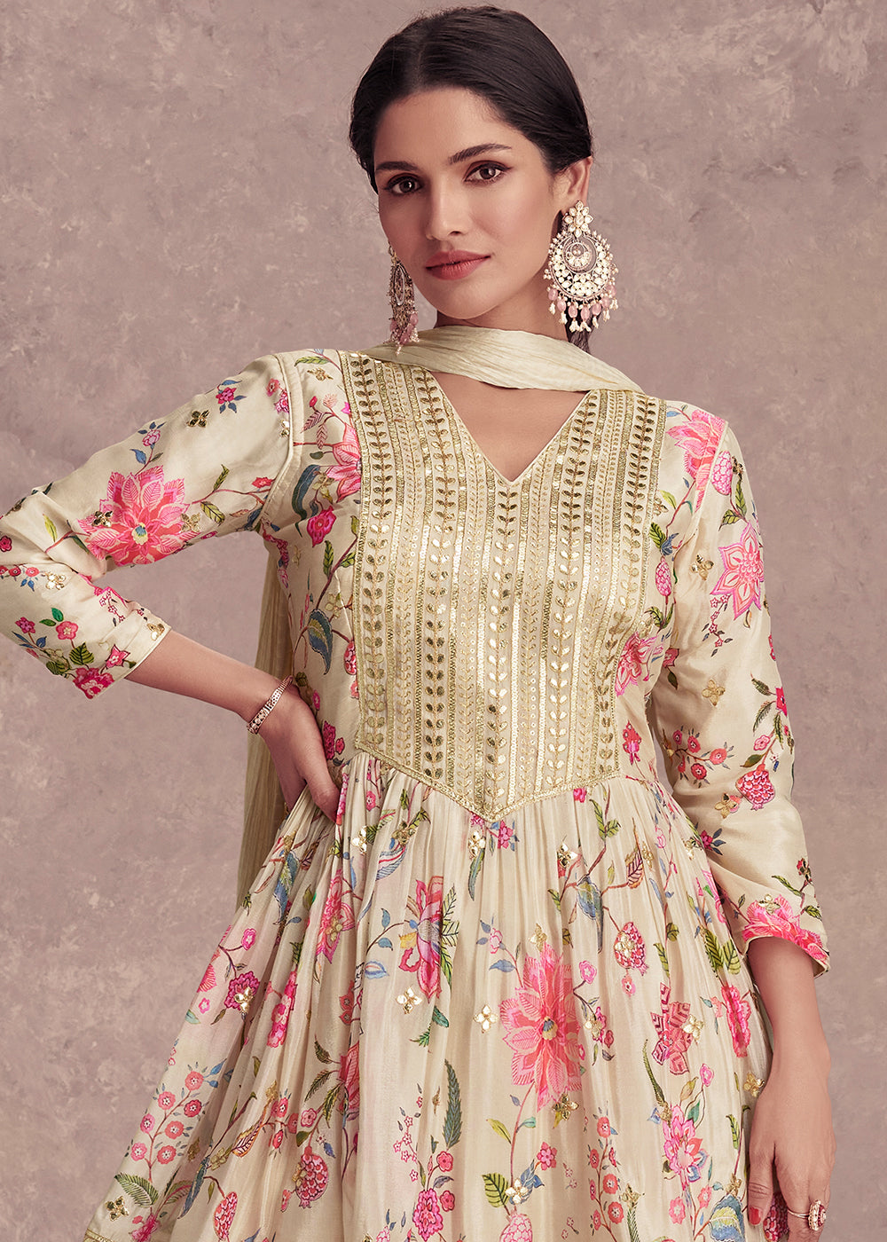 Tea Green Digital Floral Printed Chinon Suit with Embroidery work