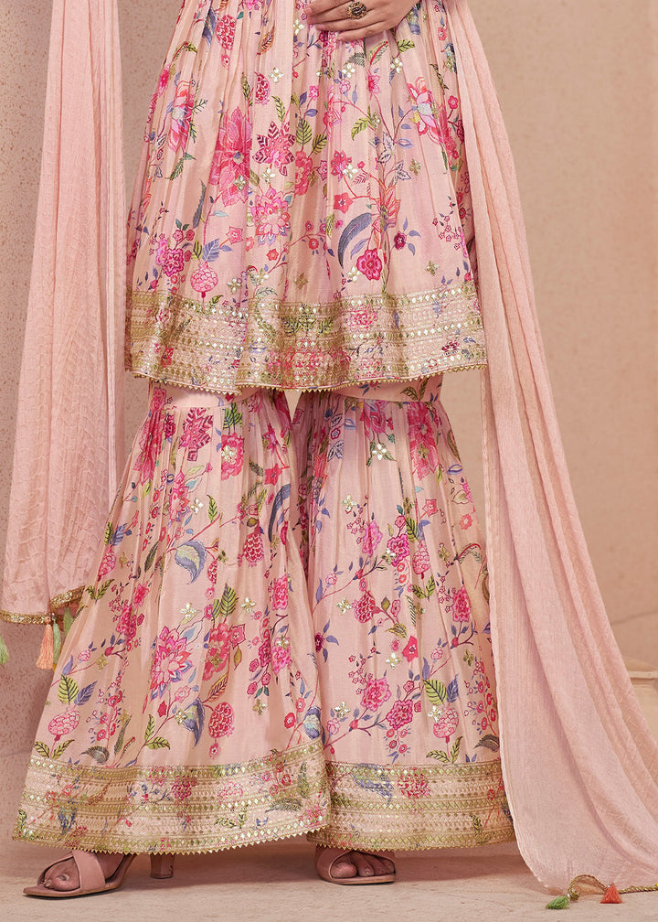 Baby Pink Digital Floral Printed Chinon Suit with Embroidery work