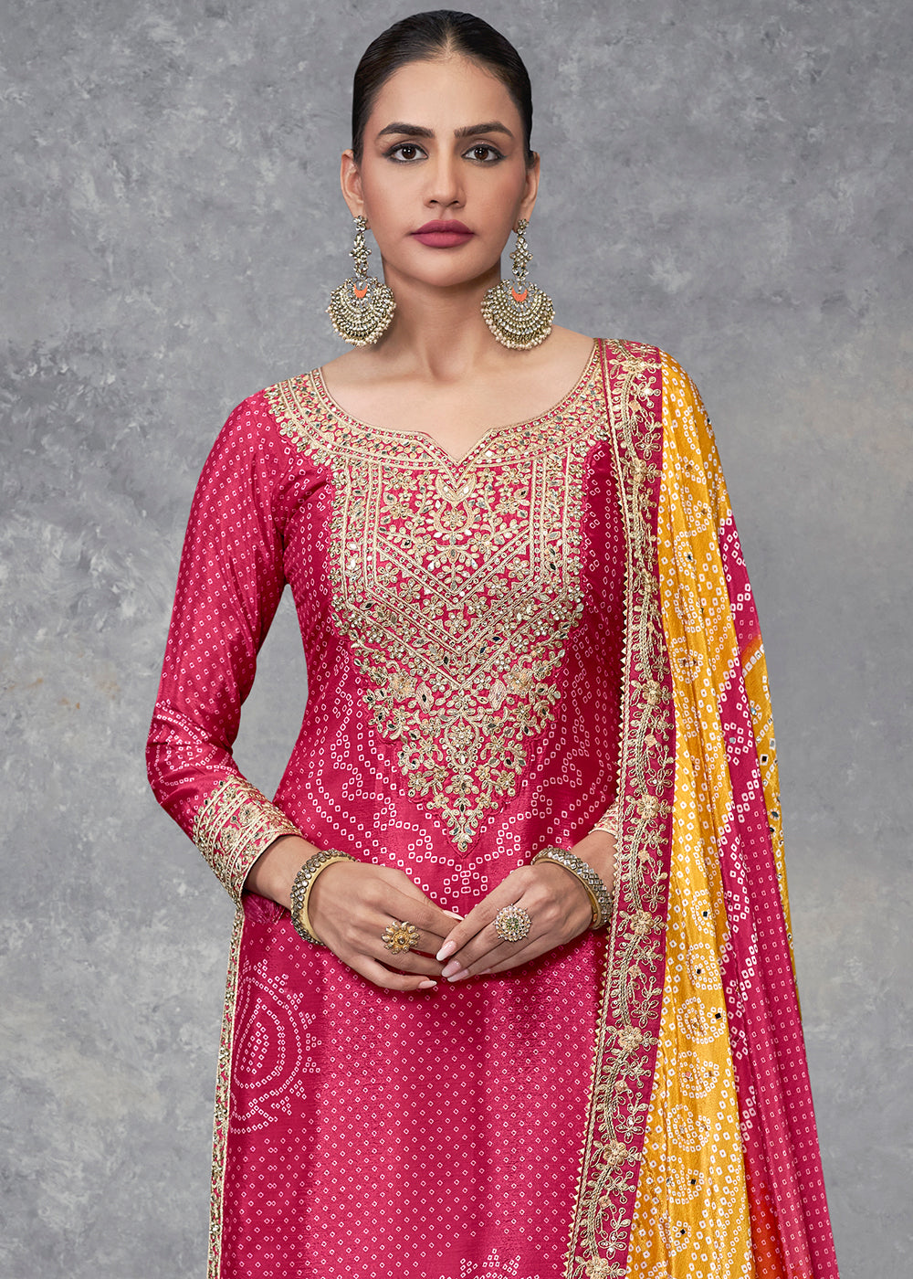 Frence Rose Pink Bandhani Printed Chinon Silk Plazzo Suit Having Embroidery with Mirror Work