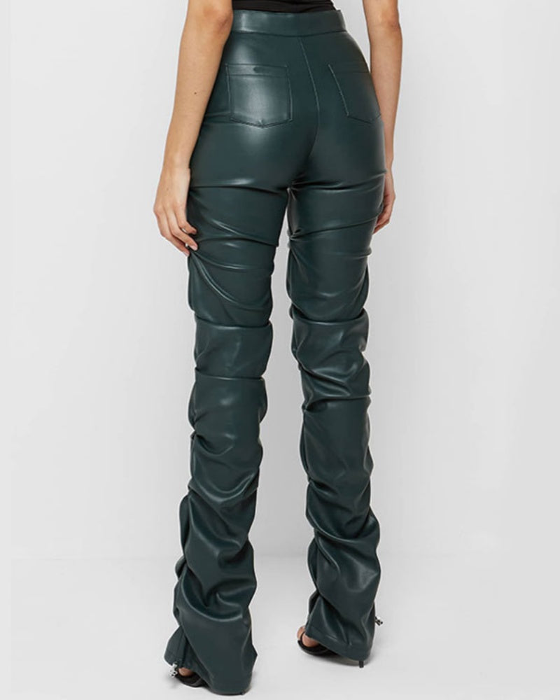PU Leather Personalized Pleated Flared Pants  - By Qivii