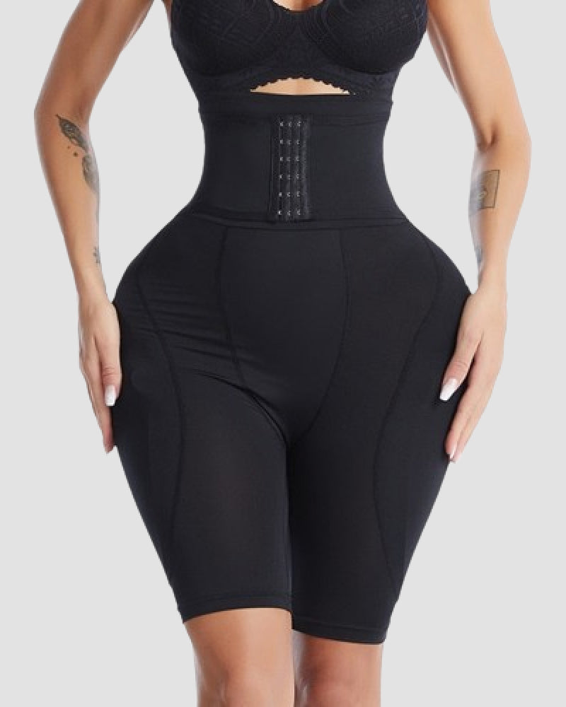 Hourglass Buckle Closure Waist Cincher BBL Shapewear Shorts With Sponge Pads  - By Qivii