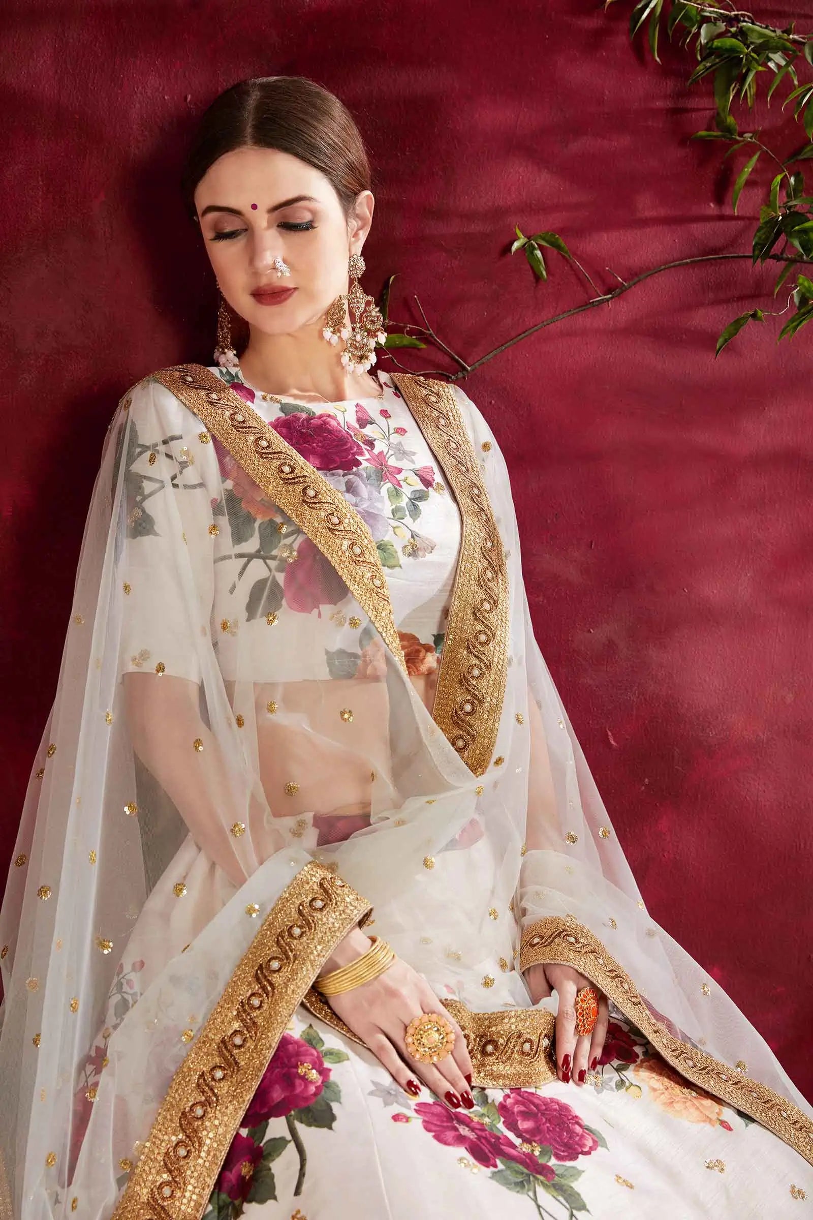 Off White Silk Lehenga With Floral Print Dori Zari And Sequins Embroidery Work | Ready To Wear - qivii