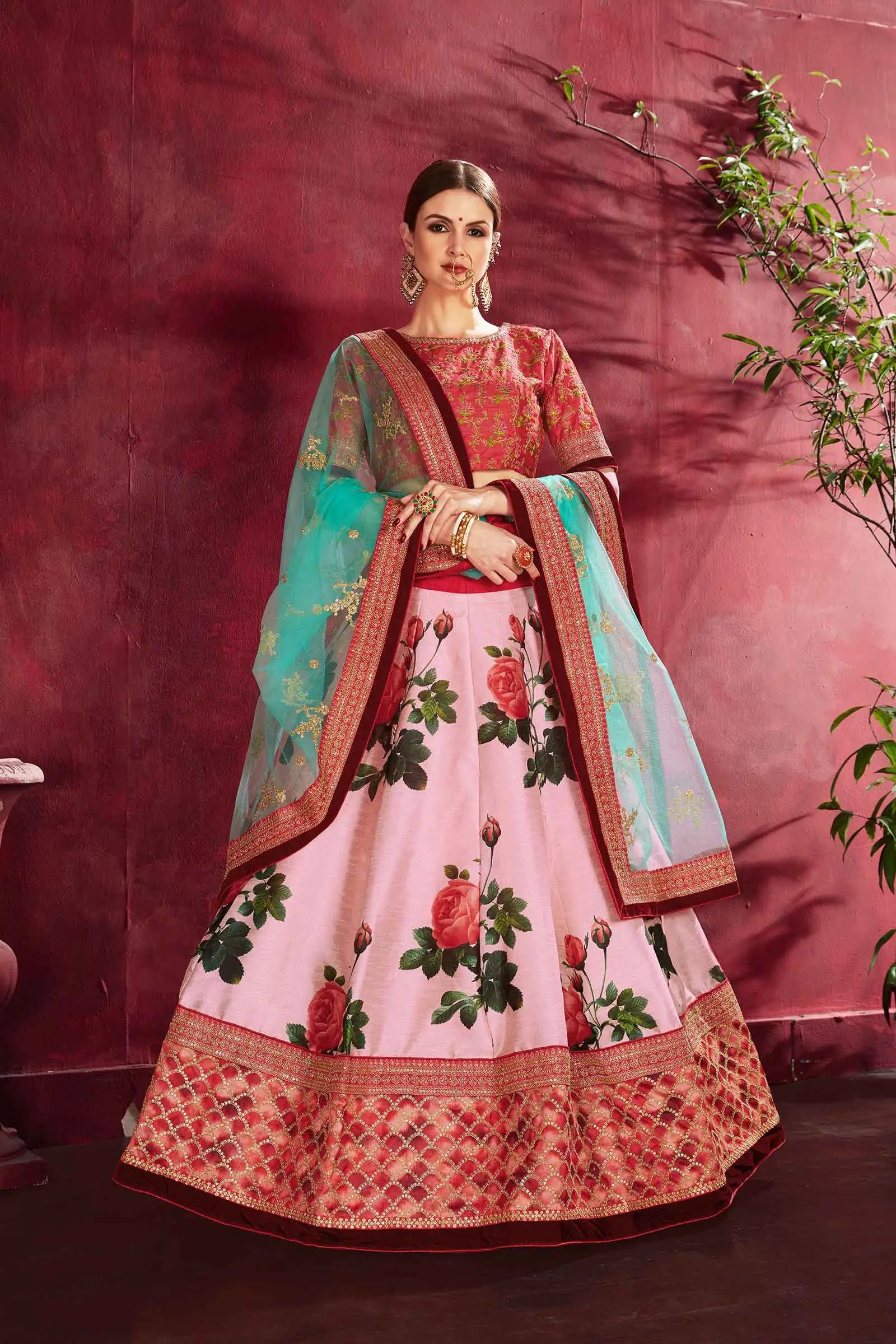 Rose Pink Silk Lehenga With Floral Print Dori Zari And Sequins Embroidery Work | Ready To Wear - qivii