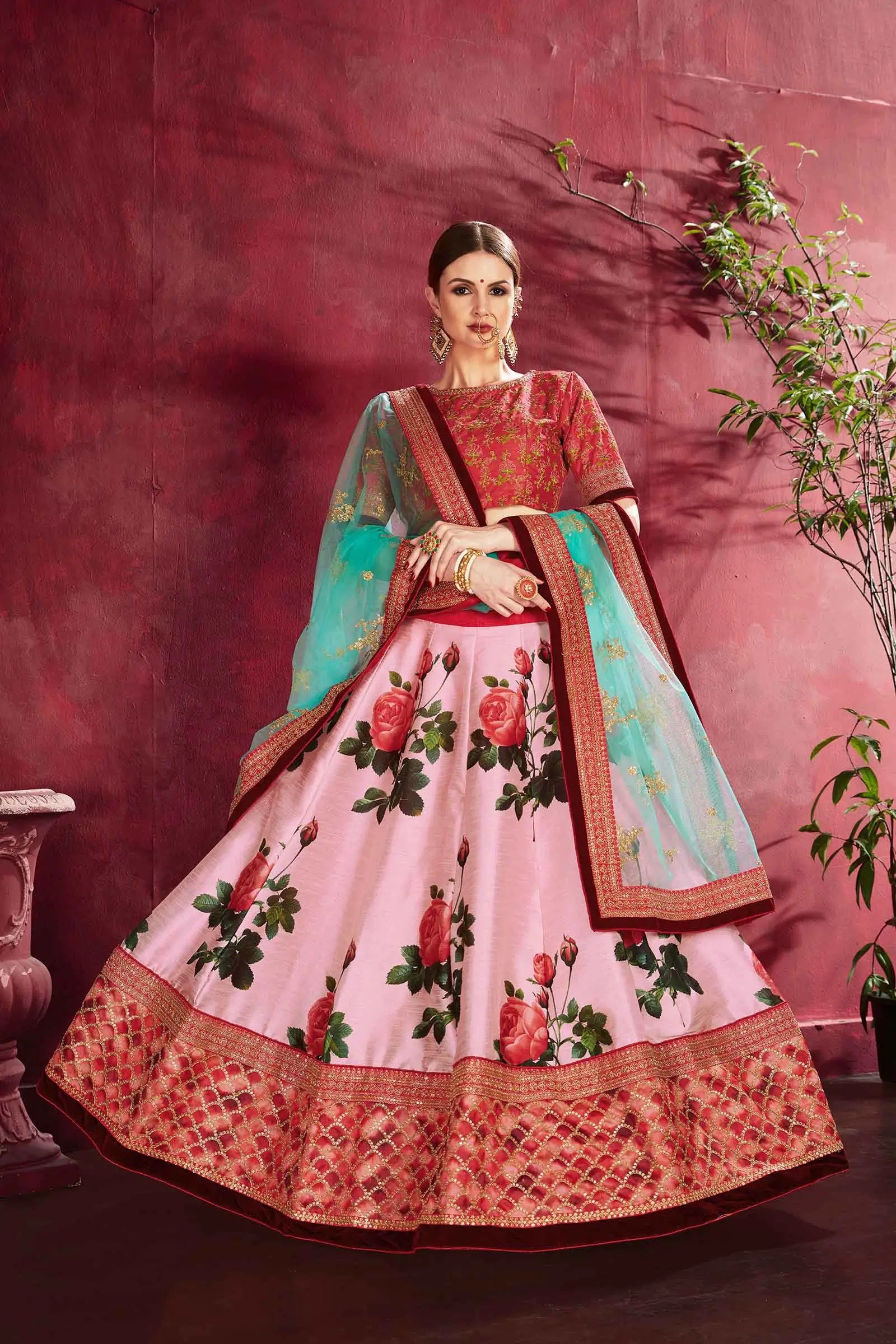 Rose Pink Silk Lehenga With Floral Print Dori Zari And Sequins Embroidery Work | Ready To Wear - qivii