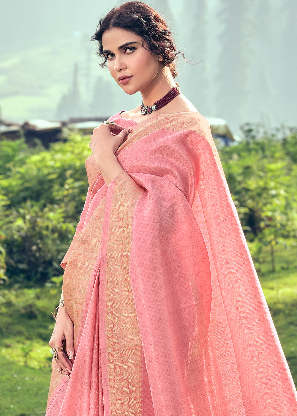 Taffy Pink Zari Woven Tissue Silk Saree - qivii