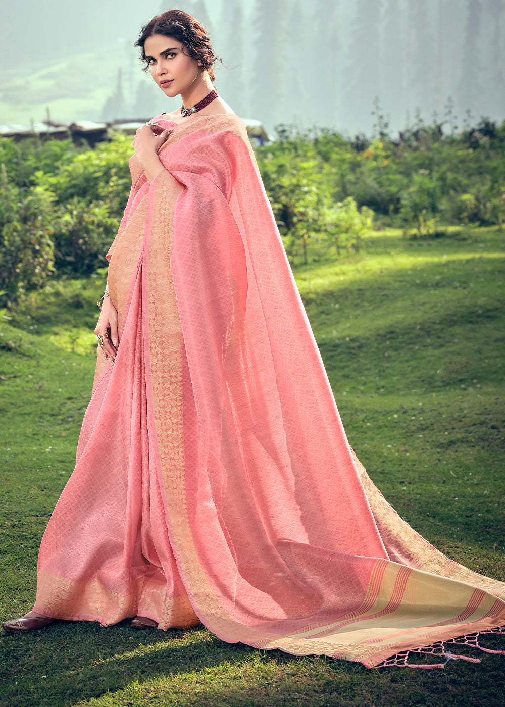 Taffy Pink Zari Woven Tissue Silk Saree - qivii