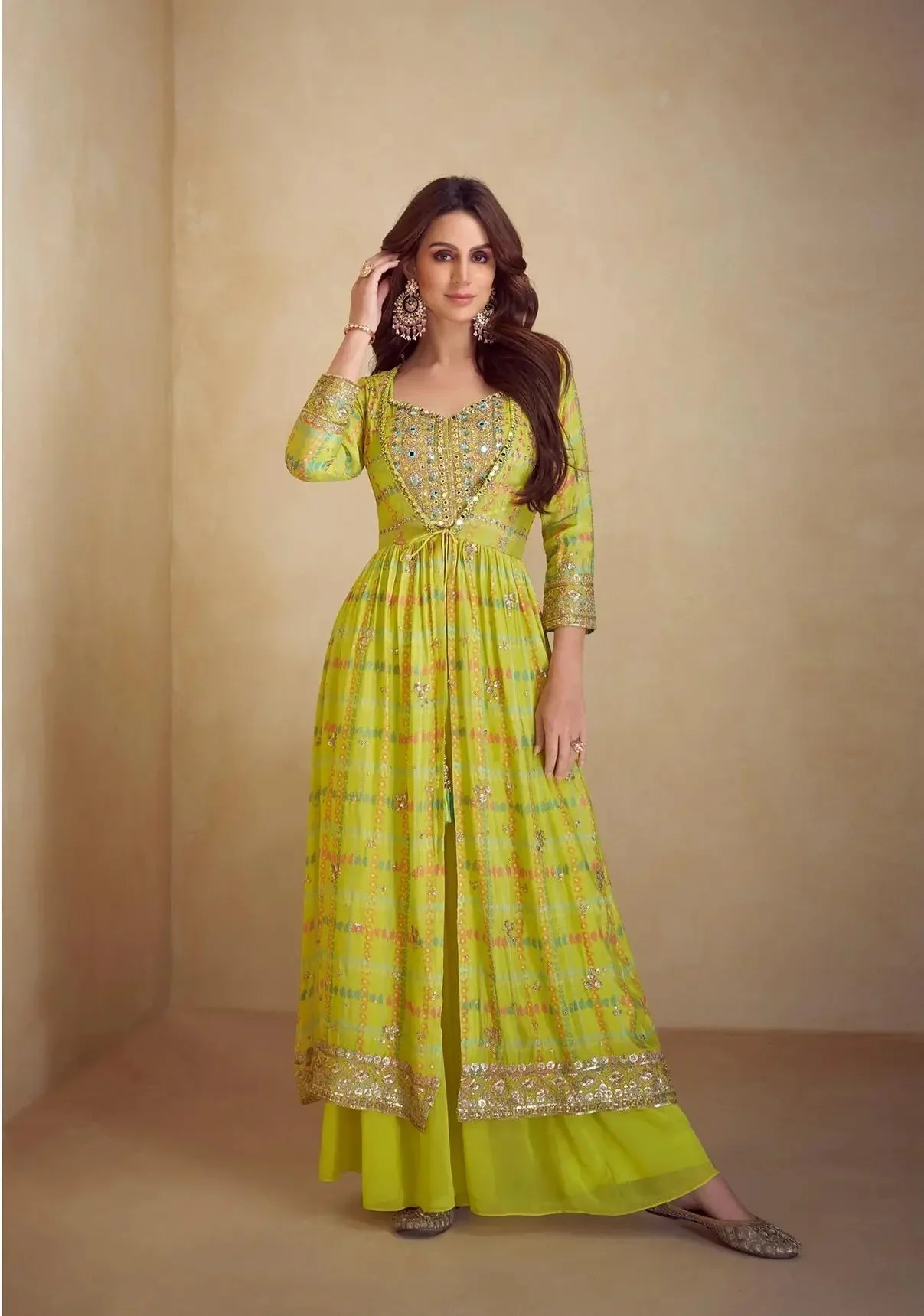 Lime Yellow Multicolor Chinon Silk Indo Western Set With Print, Embroidery & Hand Work - qivii