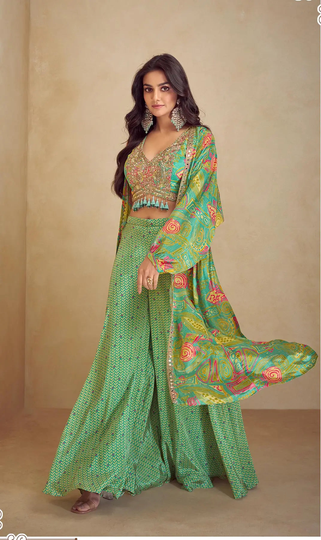 Pista Green Multicolor Chinon Silk Indo Western Set With Print, Embroidery & Hand Work - qivii