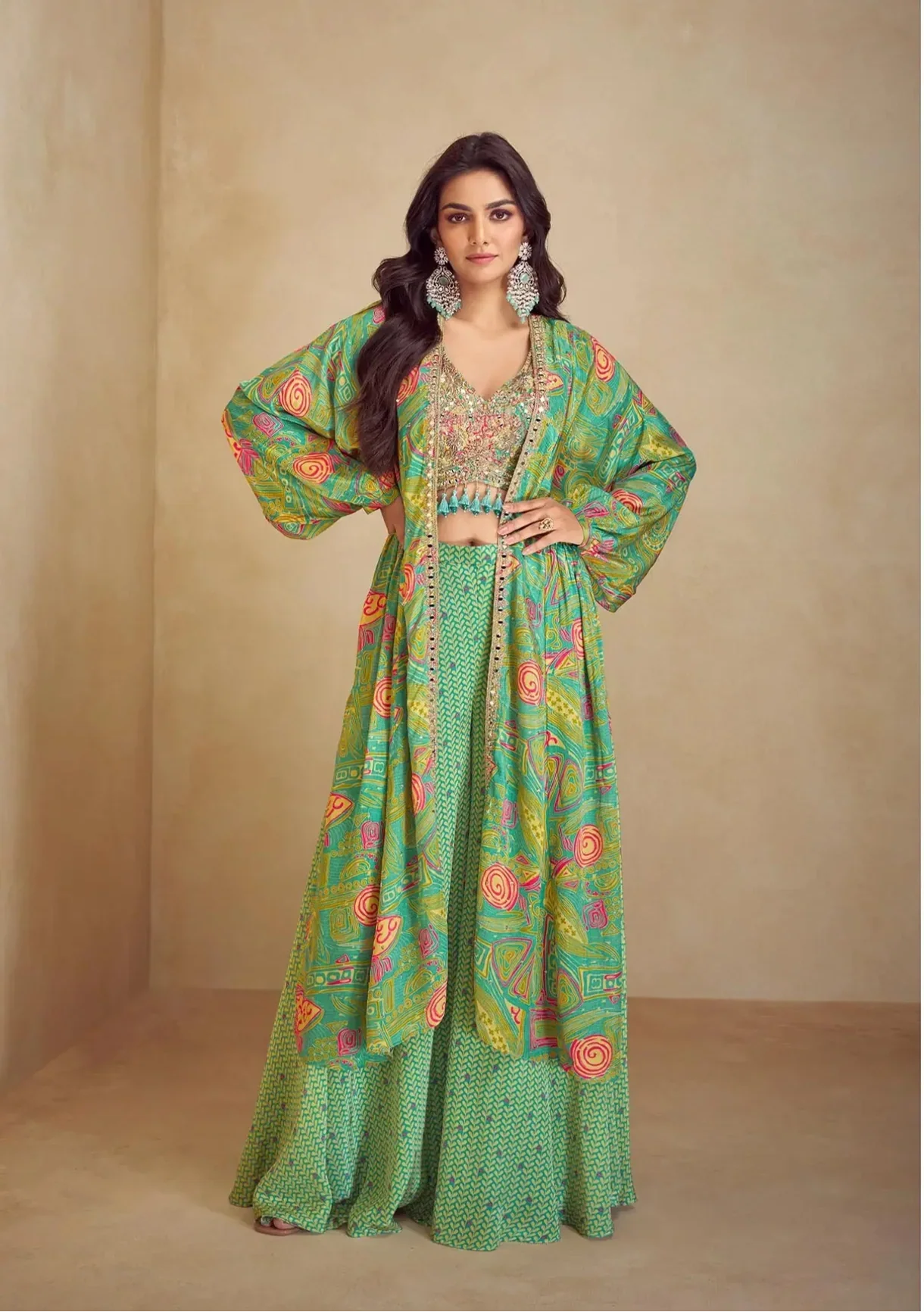 Pista Green Multicolor Chinon Silk Indo Western Set With Print, Embroidery & Hand Work - qivii