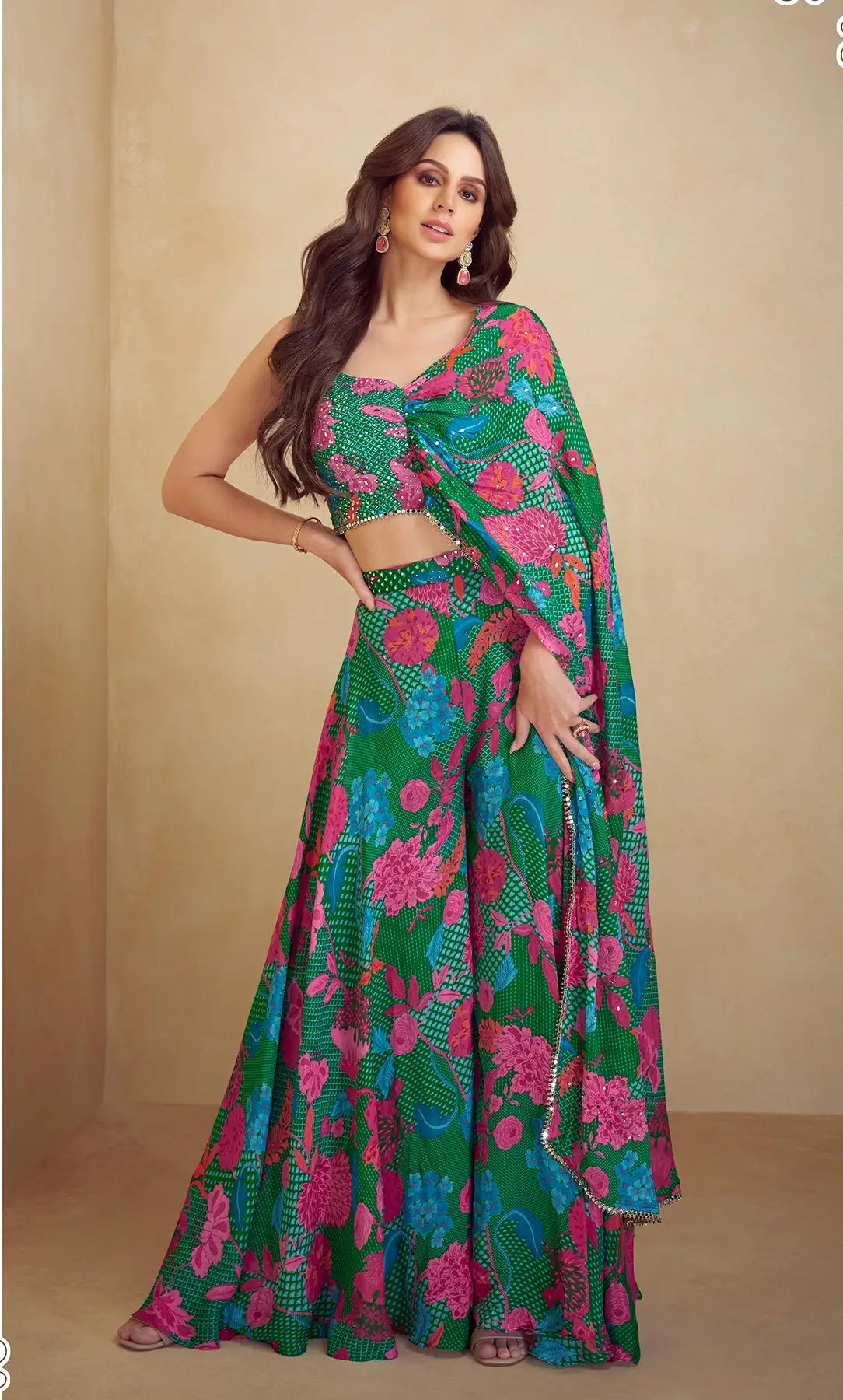 Green Multicolor Chinon Silk Indo Western Set With Print, Embroidery & Hand Work - qivii