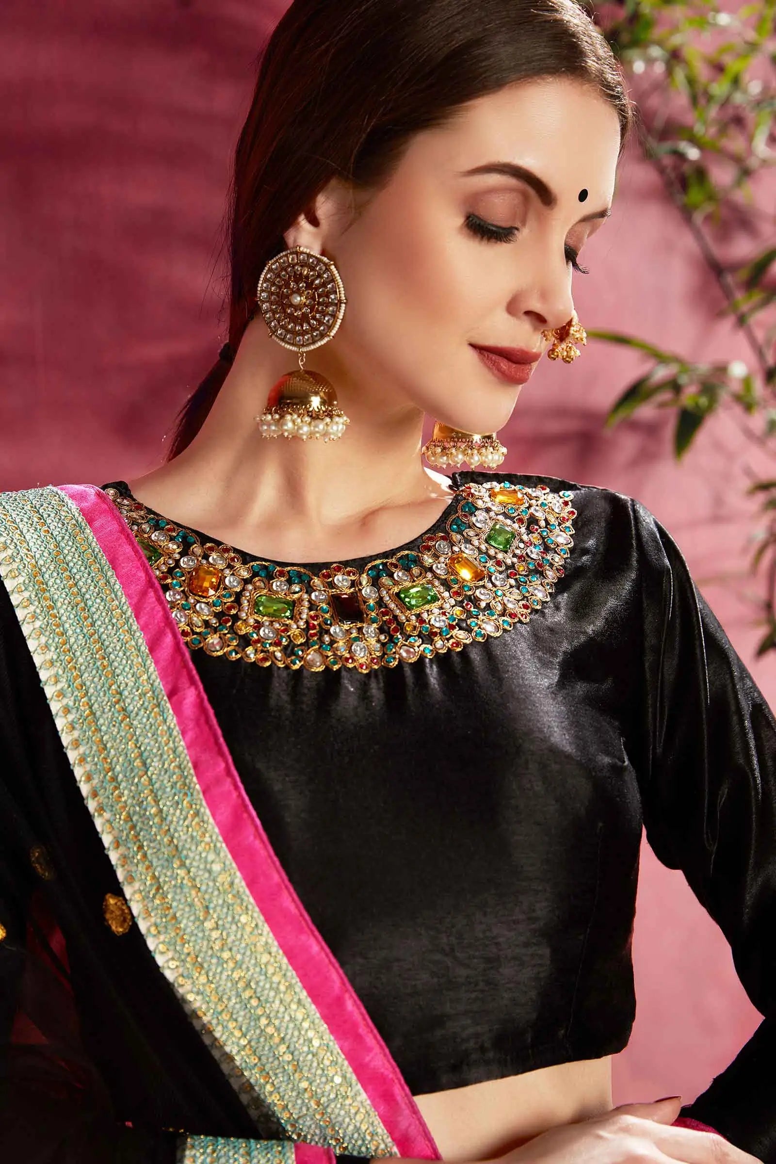 Black Multi Color Silk Lehenga With Floral Print Dori Zari And Sequins Embroidery Diamond Work Neckline Blouse | Ready To Wear - qivii