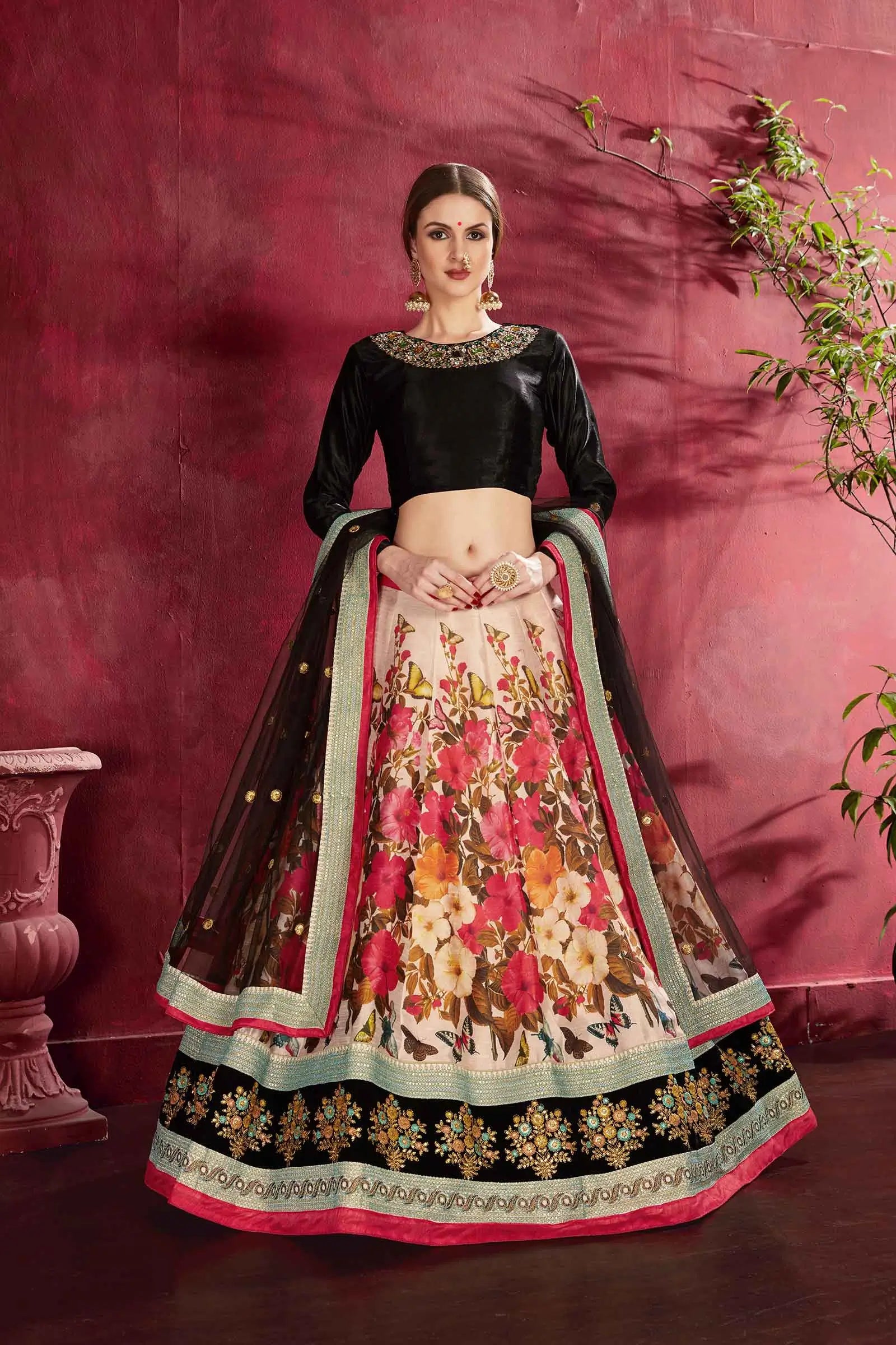 Black Multi Color Floral Print Lehenga With Dori Zari And Sequins Embroidery Diamond Work Neckline Blouse | Ready To Wear - qivii