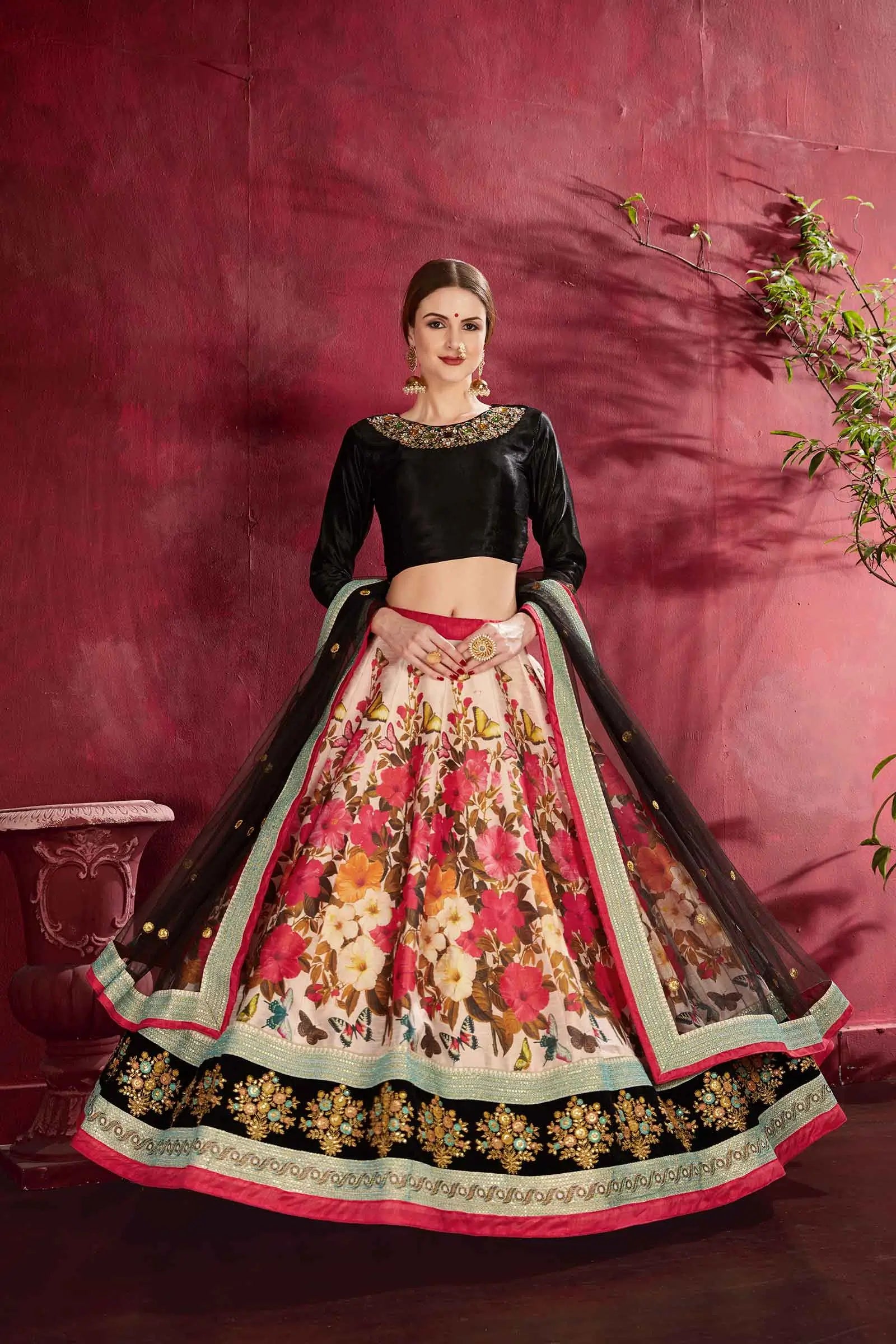 Black Multi Color Floral Print Lehenga With Dori Zari And Sequins Embroidery Diamond Work Neckline Blouse | Ready To Wear - qivii