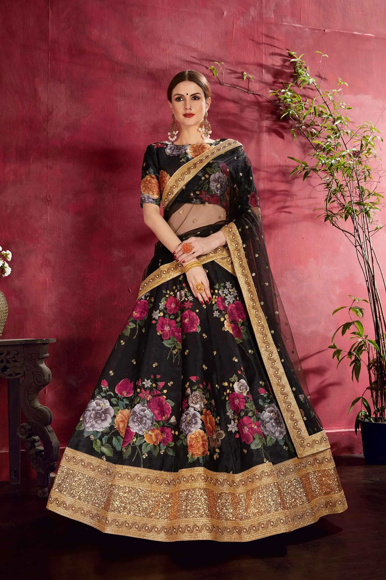 Smoky Black Silk Lehenga With Floral Print Dori Zari And Sequins Embroidery Work | Ready To Wear - qivii