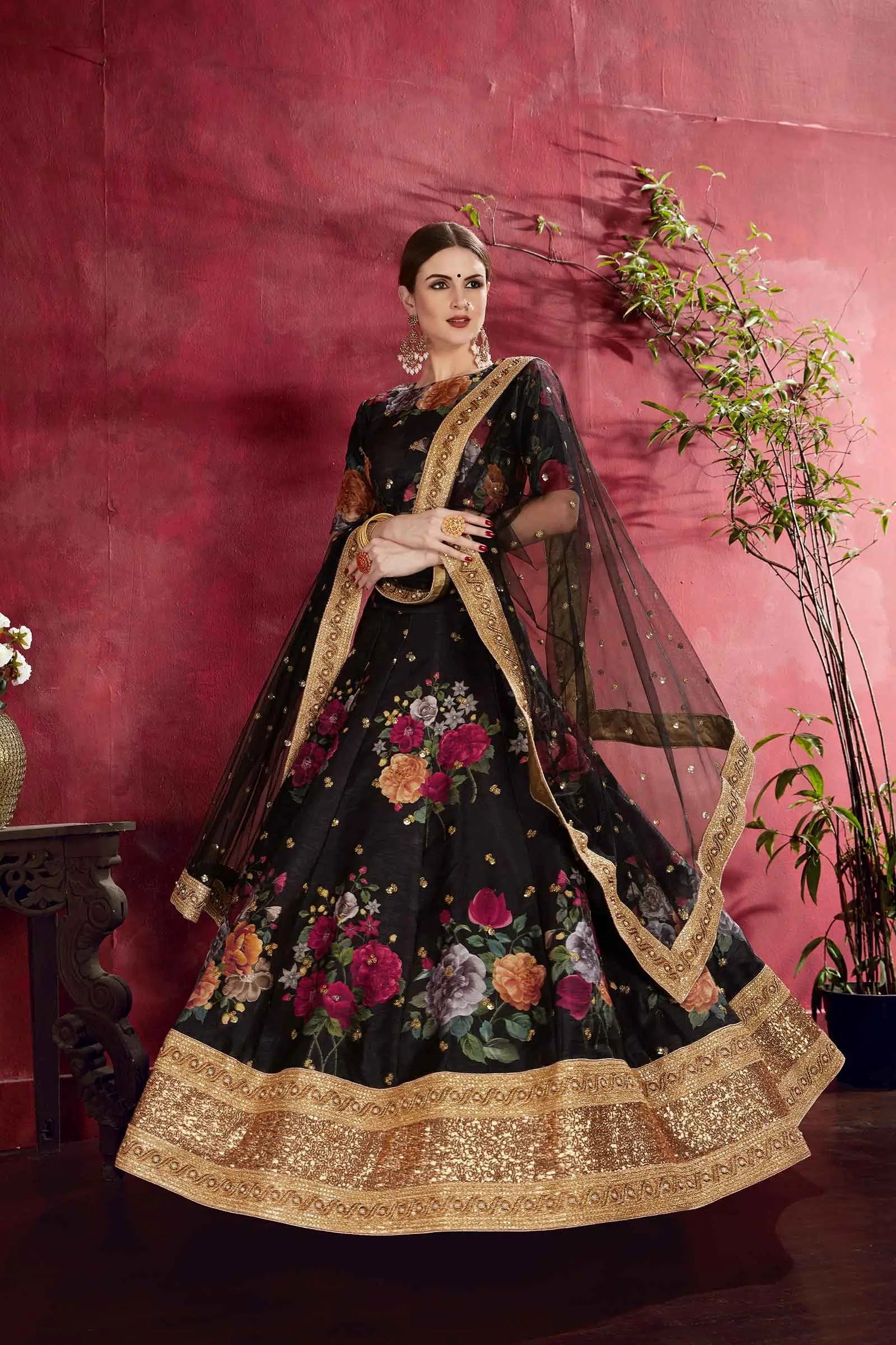 Smoky Black Silk Lehenga With Floral Print Dori Zari And Sequins Embroidery Work | Ready To Wear - qivii