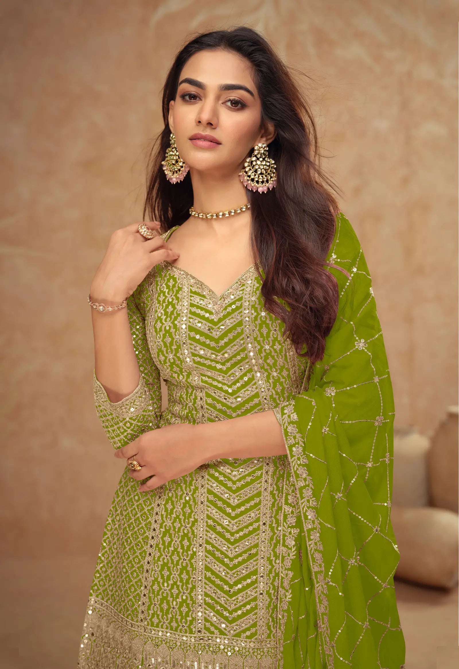 Parrot Green Chinon Silk Embroidery Plazzo Suit - qivii