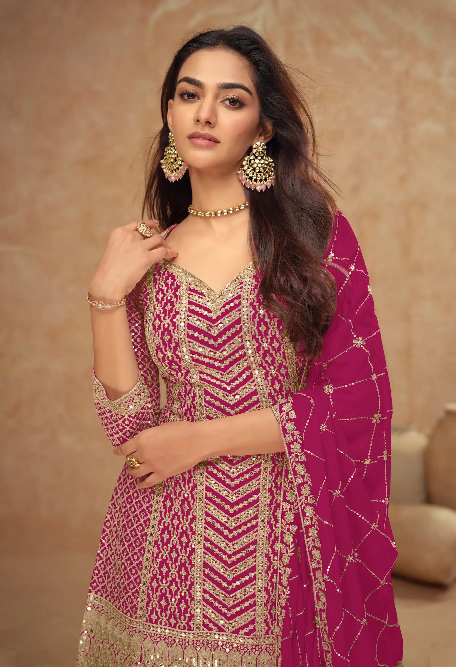 Dark Pink Chinon Silk Embroidery Plazzo Suit - qivii