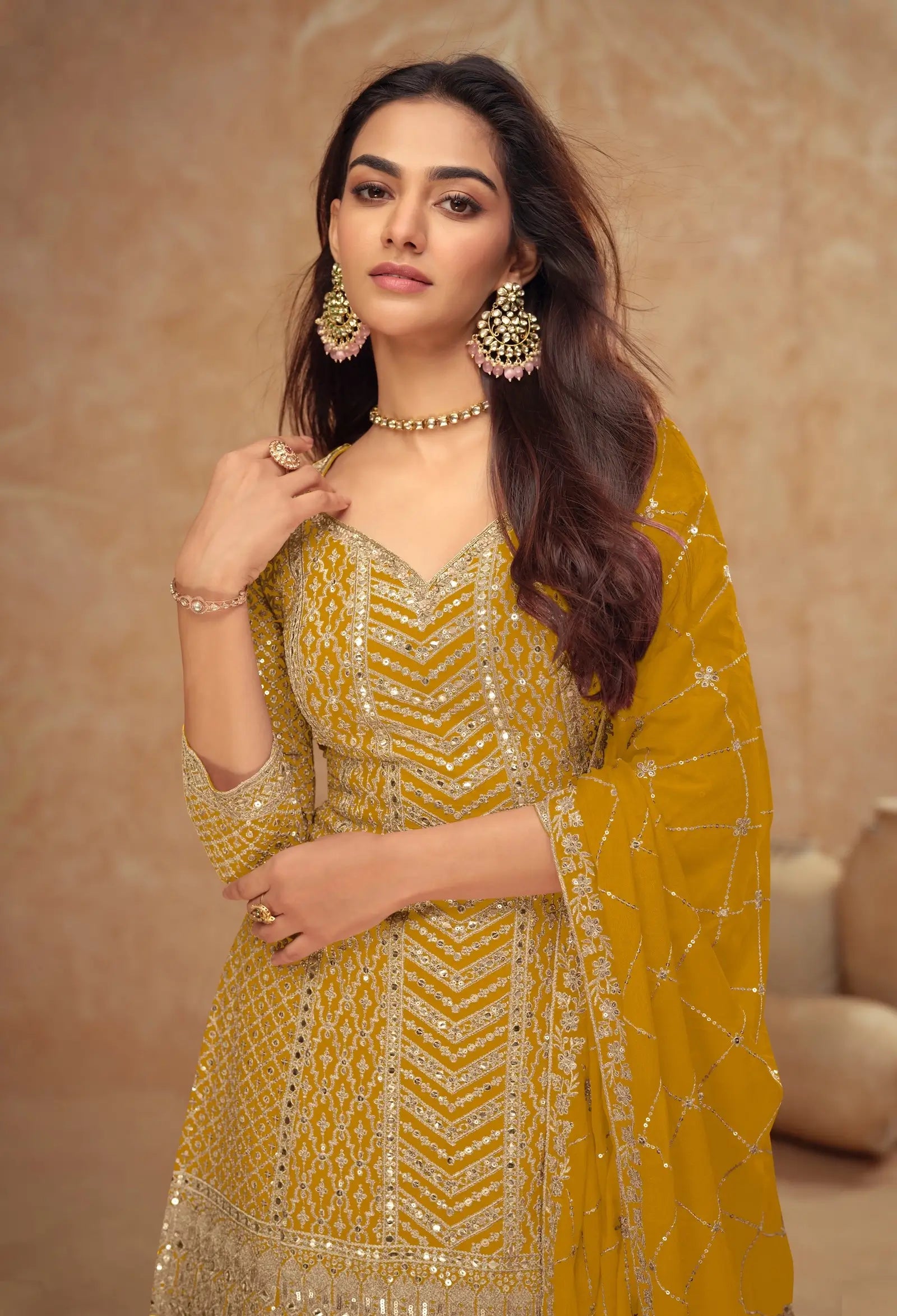 Mustard Chinon Silk Embroidery Plazzo Suit - qivii
