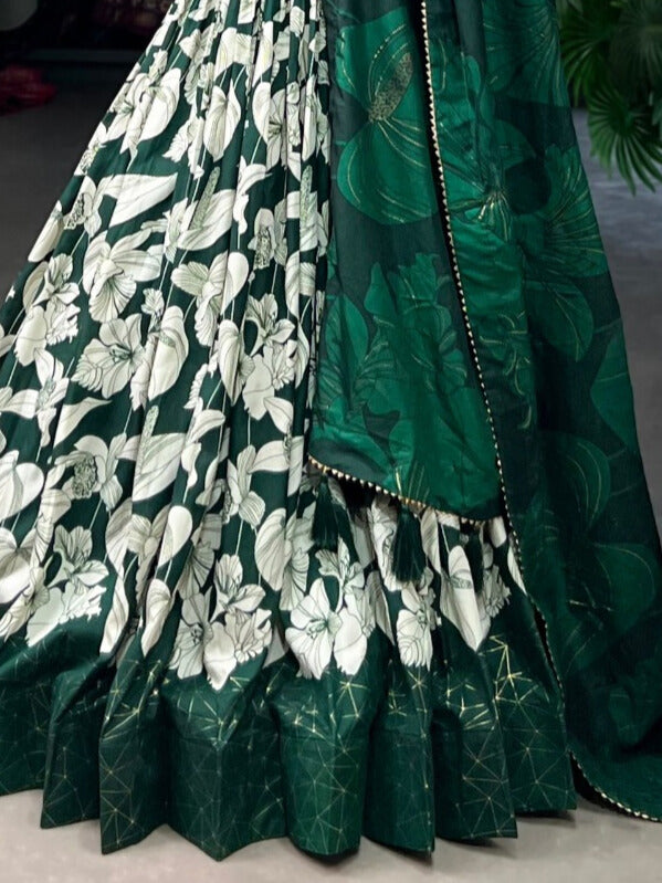 Ethnic Look with our Tussar Silk Printed Lehenga Choli In Green Color