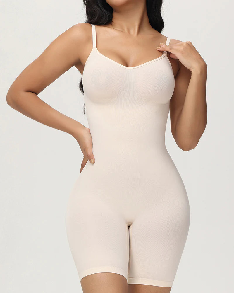 Body Shaper Ribbed Seamless Tummy Control Mid Thigh Bodysuits  - By Qivii